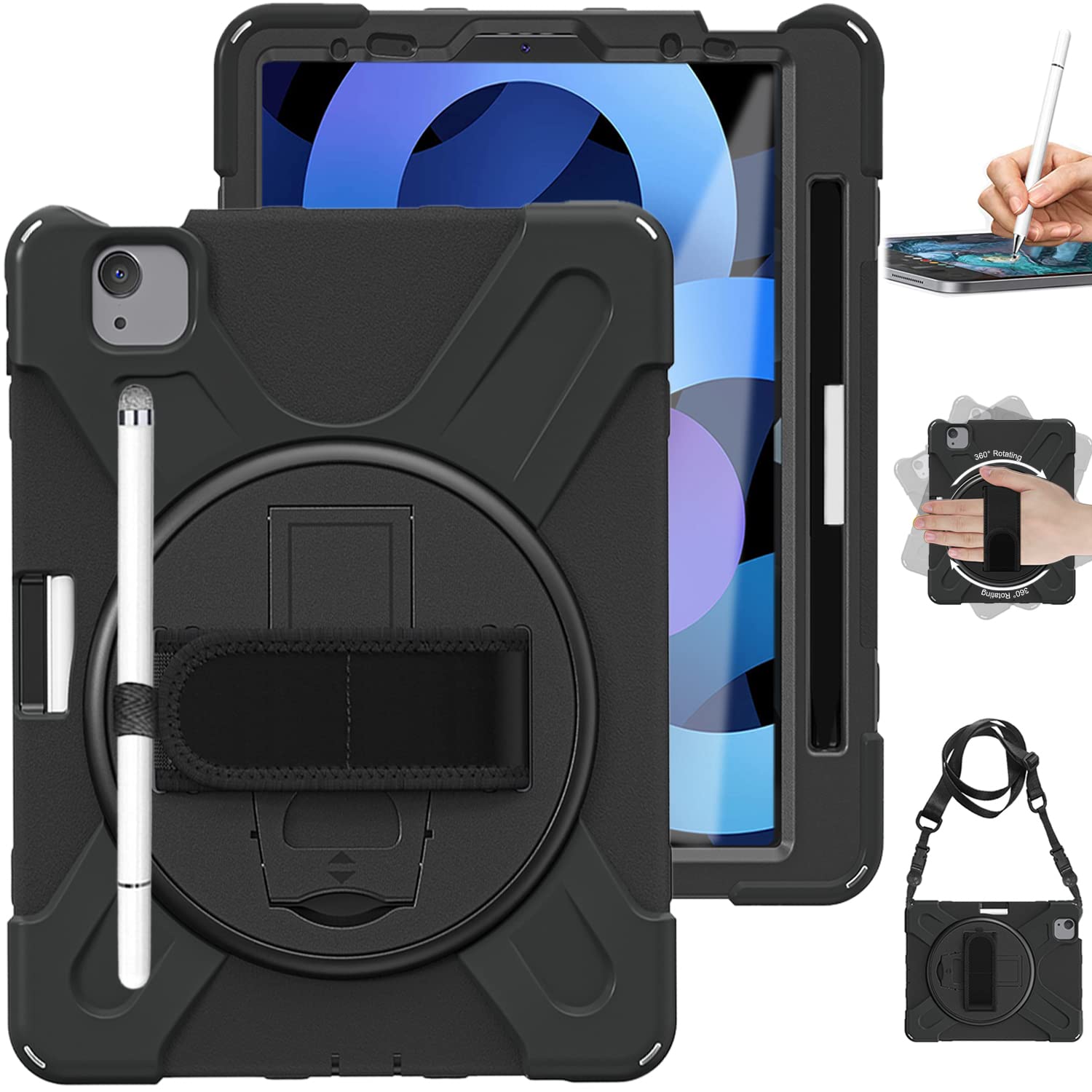 Premium Military-Grade Shockproof iPad Air 5th/4th & Pro 11 Case with Pencil Holder - Rotating Stand & Adjustable Strap (Black) - Perfect for Work, Travel & Outdoor Protection