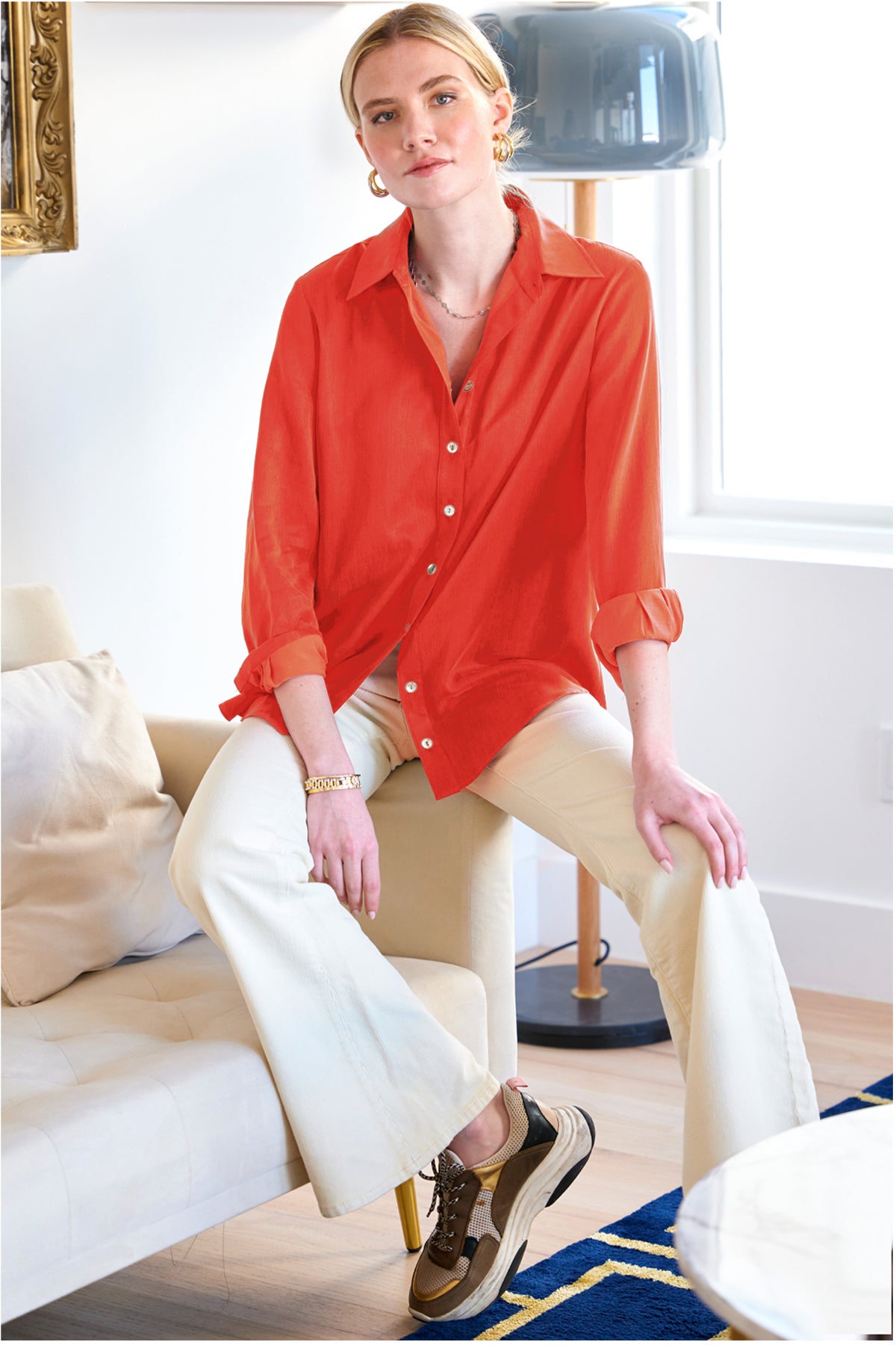 Mini Monica Flame Red Washed Cupro Button Down Blouse for Women - Elegant Long Sleeve Shirt for Office, Date Night & Casual Wear