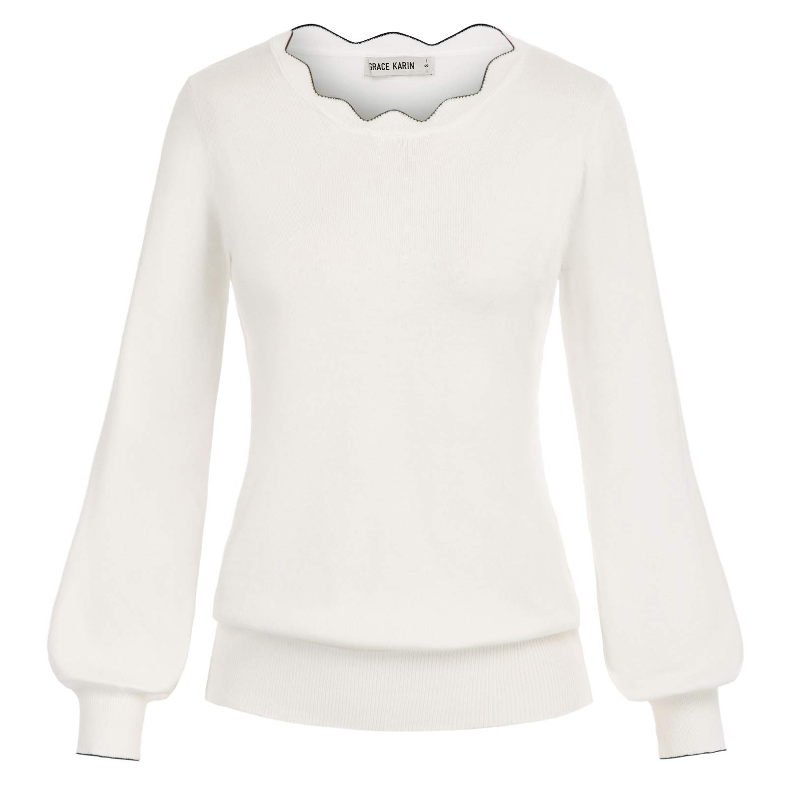 GRACE KARIN Women's Stretchy Long Sleeve Pullover Sweater - Wavy Neckline Fitted Blouse for Work & Casual Wear | Office Outfits & Weekend Style