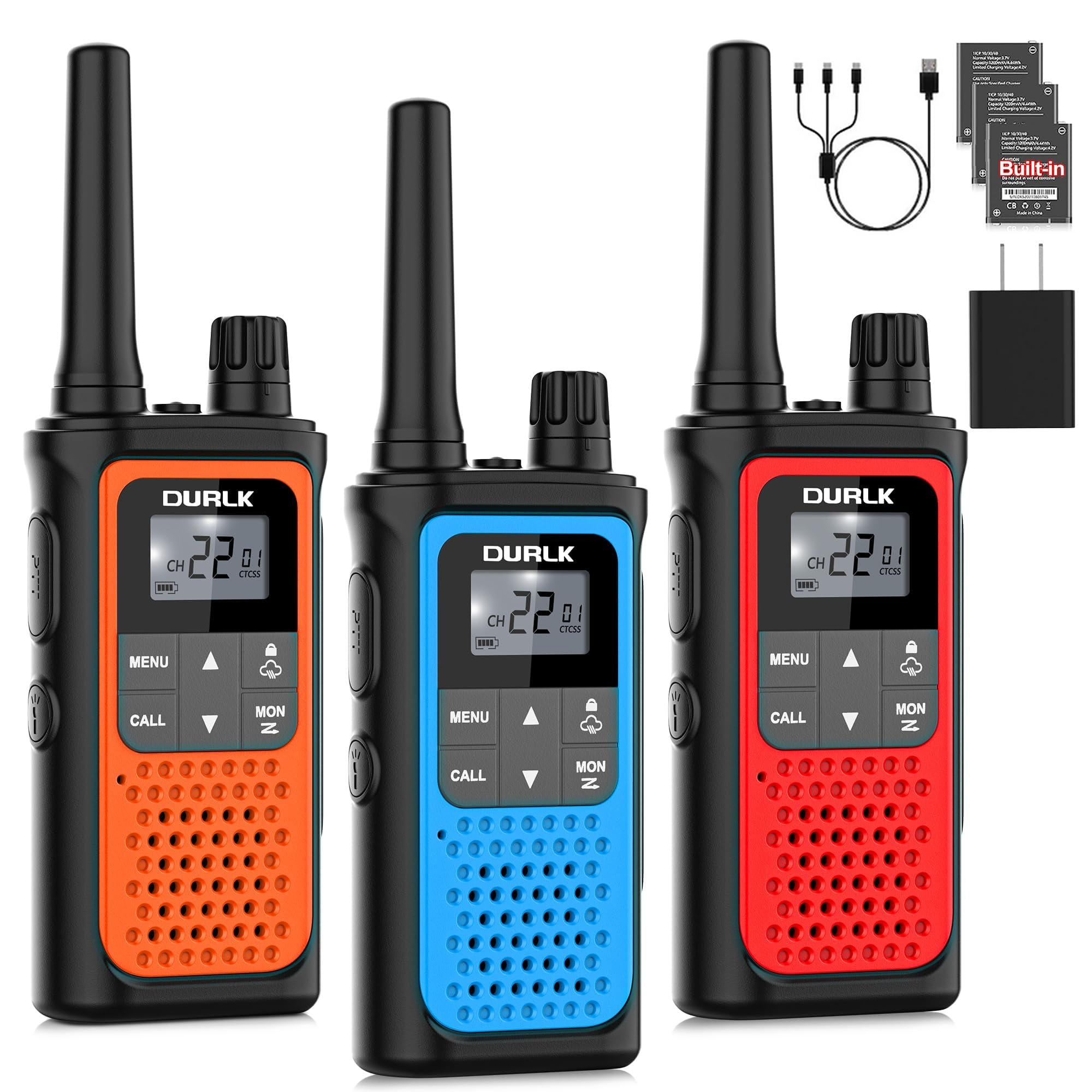 Rechargeable Long Range Walkie Talkies for Adults - 3 Pack Two Way Radios with NOAA Weather Alert, 22 FRS Channels, 1800mAh Li-ion Battery & USB-C Charging - Perfect for Hiking, Camping, Cruises, and Outdoor Adventures