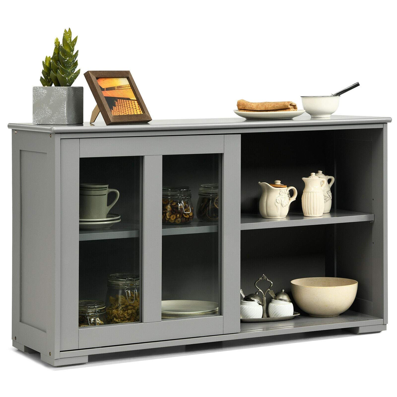 Modern Gray Sideboard Buffet Cabinet with Sliding Doors - Stylish Storage Solution for Dining Room, Living Room or Entryway Organization
