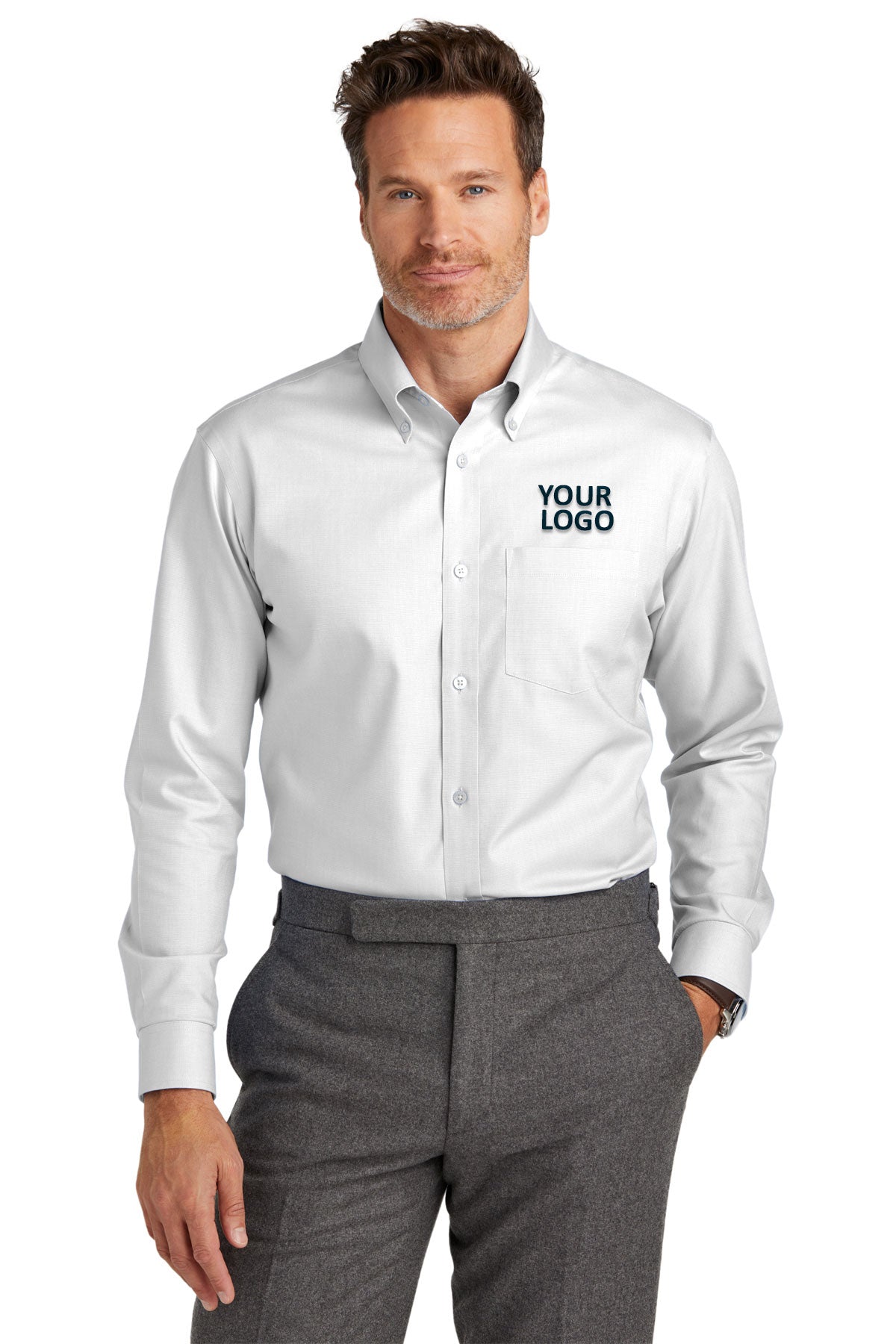 Brooks Brothers Wrinkle-Free Stretch Nailhead Dress Shirt for Men - Classic White Business Casual Shirt for Office, Wedding & Formal Events