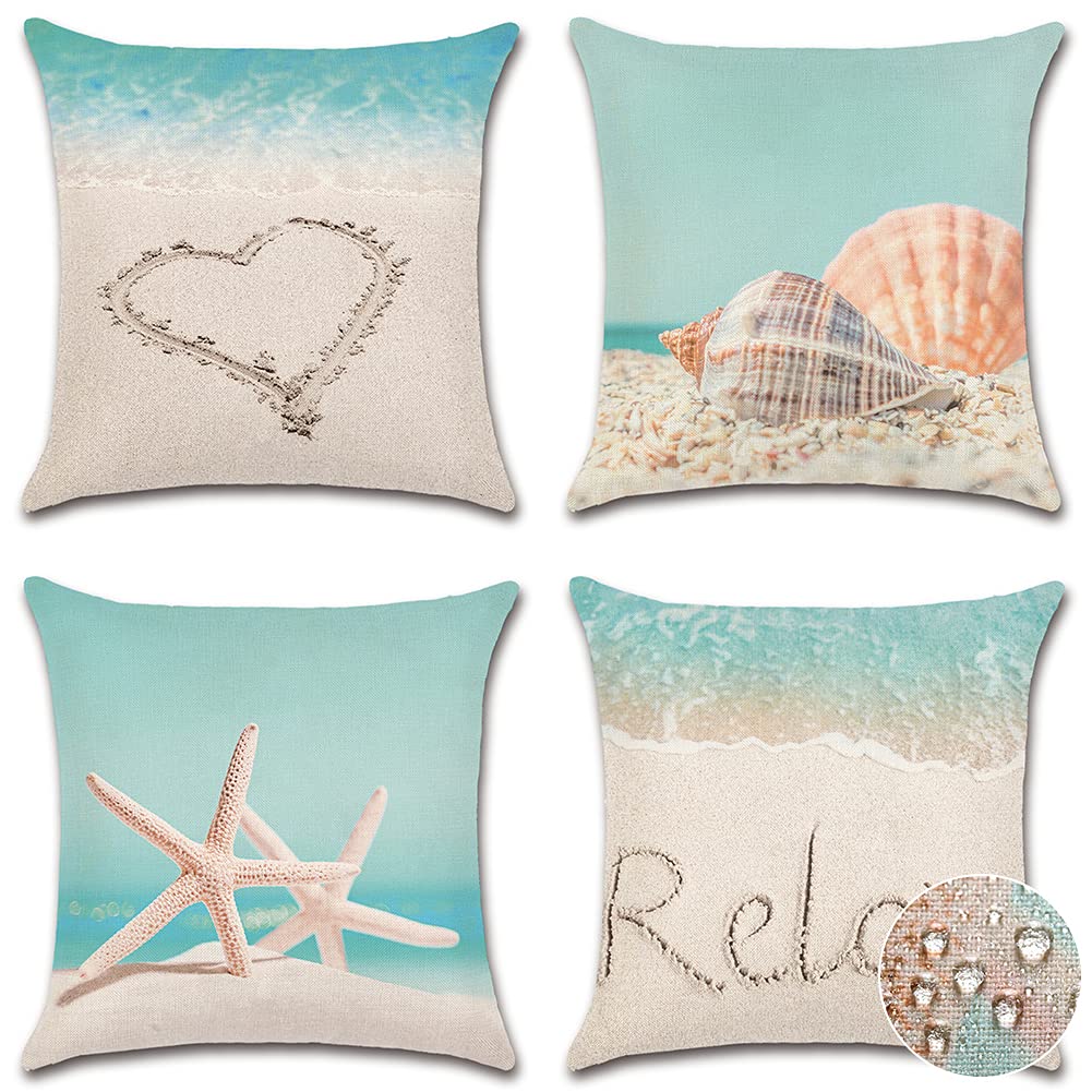 OTOSTAR Waterproof Outdoor Throw Pillow Covers - Set of 4 Linen Starfish Shell Square Cushion Cases 18x18 Inch for Patio Furniture, Couch, Tent - Summer Beach Decor, Garden & Coastal Home Decor