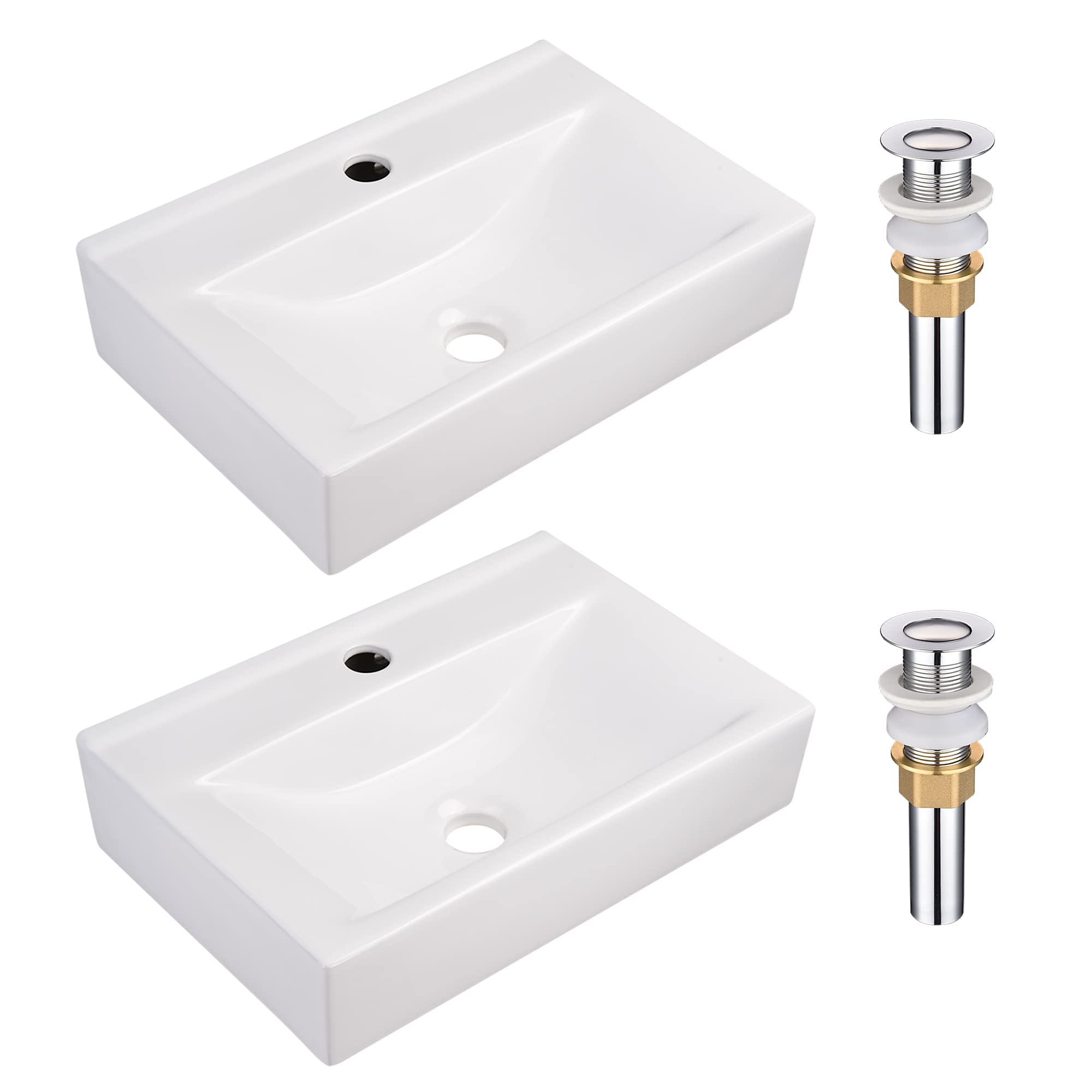 Aquaterior 2 Pack 18 Inch Rectangular Ceramic Bathroom Vessel Sink with Pop-Up Drain - Modern Above Counter Basin for Vanity, Powder Room, and Guest Bathroom