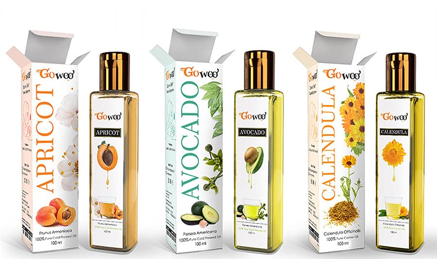 GO WOO Pack of 3 100% Pure Cold Pressed Carrier Oils - Apricot, Avocado & Calendula Oils for Skin & Hair Care, 300ml | Natural Moisturizer for Dry Skin, Massage & Aromatherapy | Vegan, Non-GMO, Cruelty-Free
