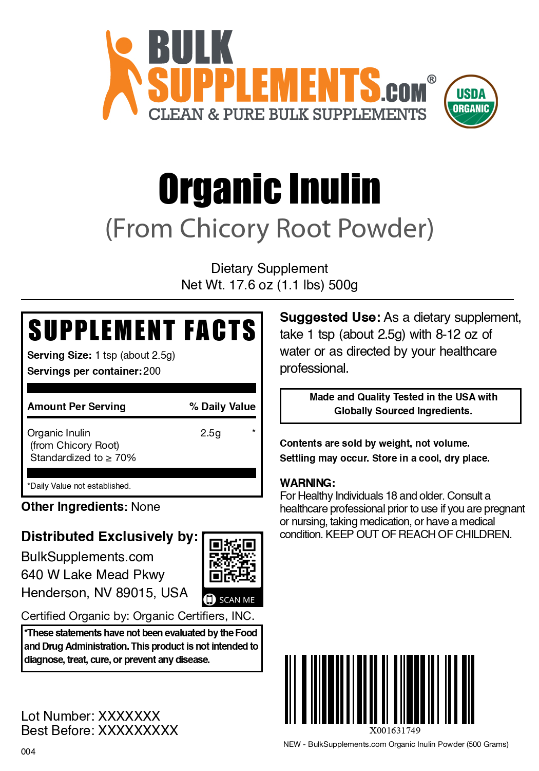 Organic Inulin Powder - Premium Prebiotic Fiber Supplement for Gut Health & Digestion - Ideal for Smoothies, Baking, and Keto-Friendly Recipes