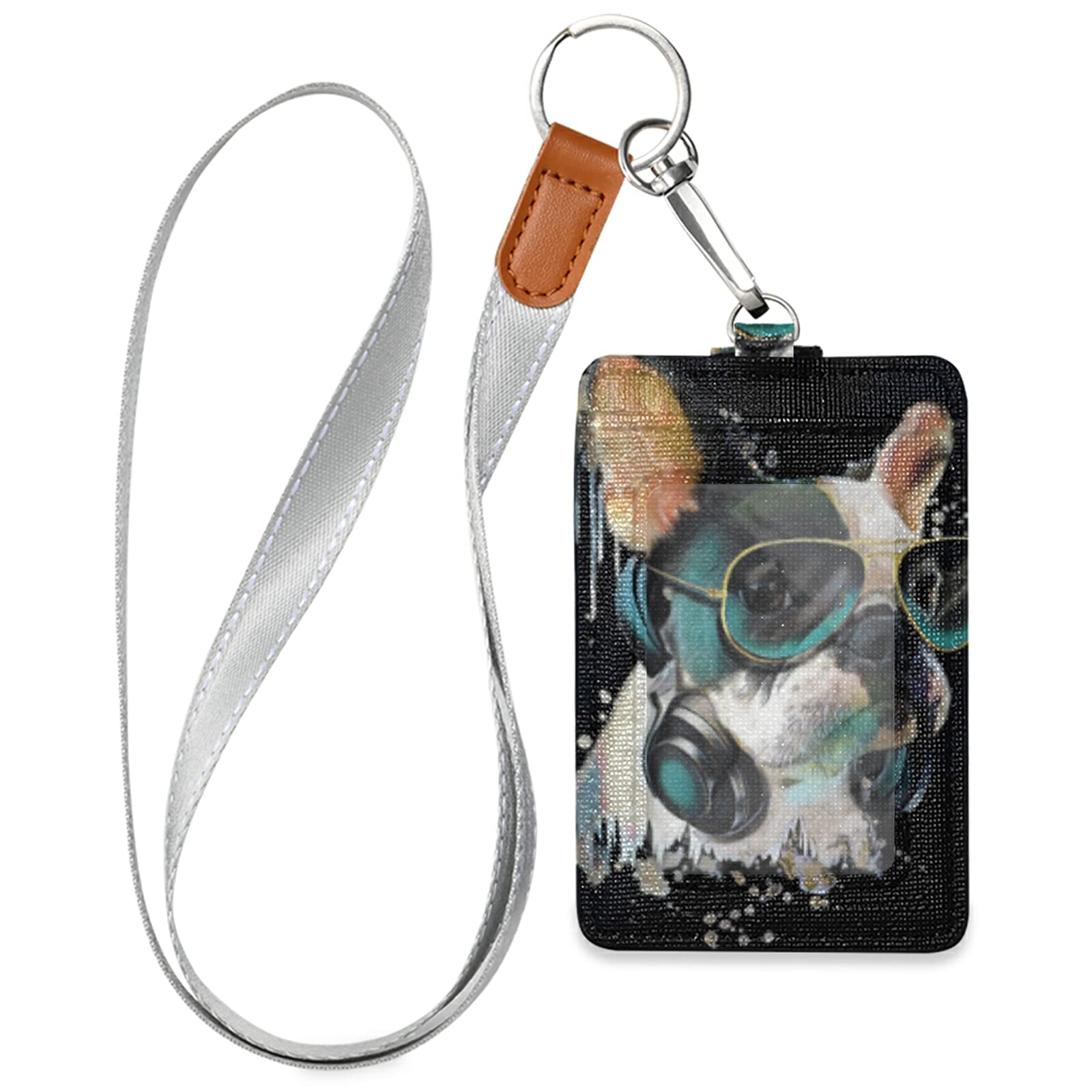 French Bulldog ID Badge Holder - Vertical Leather with Lanyard for Office & School Staff