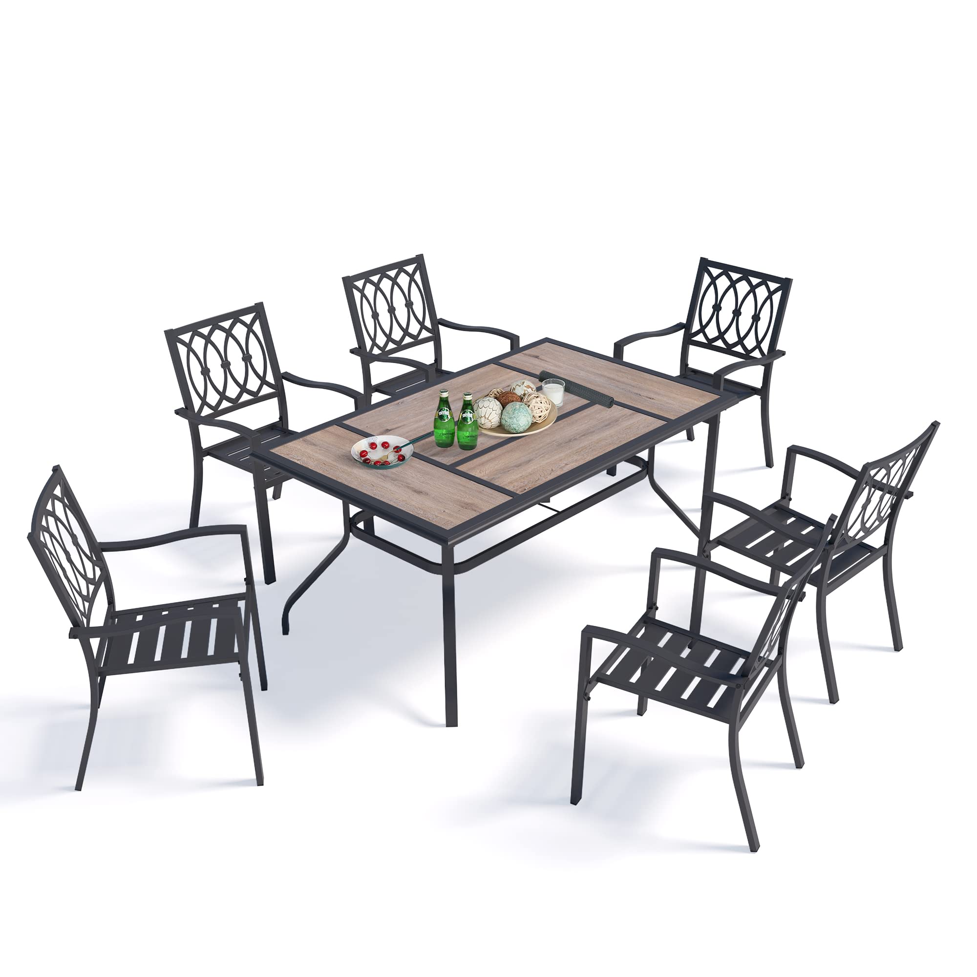 7-Piece Outdoor Dining Set with 6 Metal Bistro Chairs & Wood-Like Table | ULax Furniture Patio Furniture with Umbrella Hole | Perfect for Backyard, Garden, Poolside & Restaurant Outdoor Seating