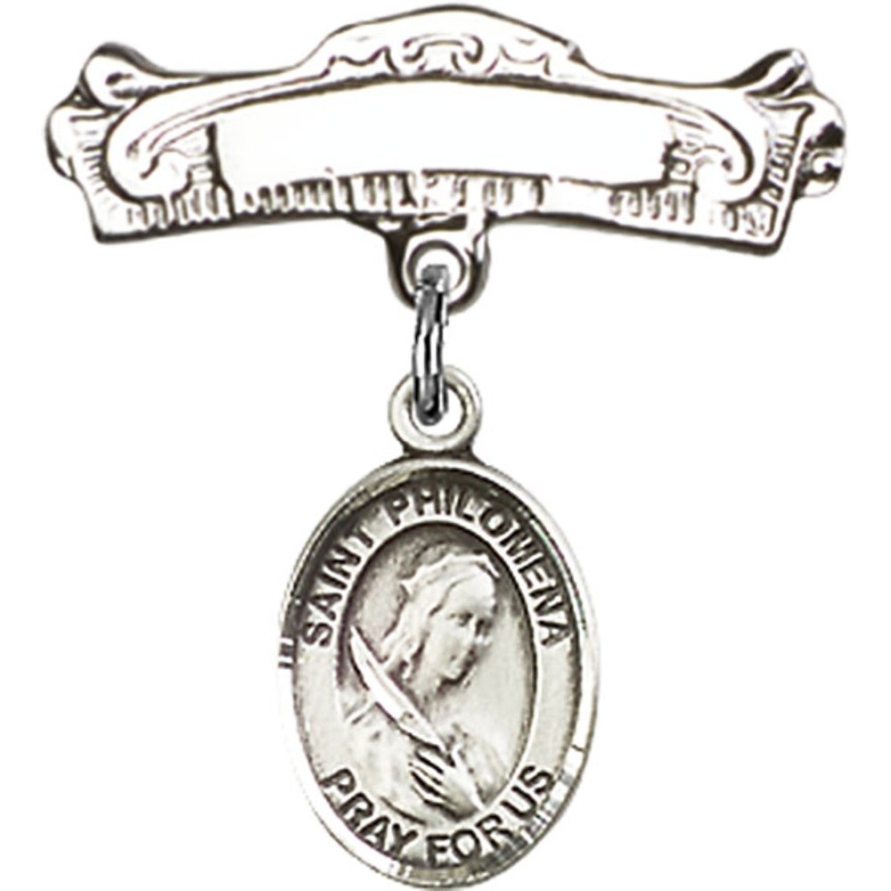 Sterling Silver Baby Badge with St. Philomena Charm - 7/8 X 7/8 Inches Arched Polished Pin - Perfect for Christening, Baptism & First Communion Gifts