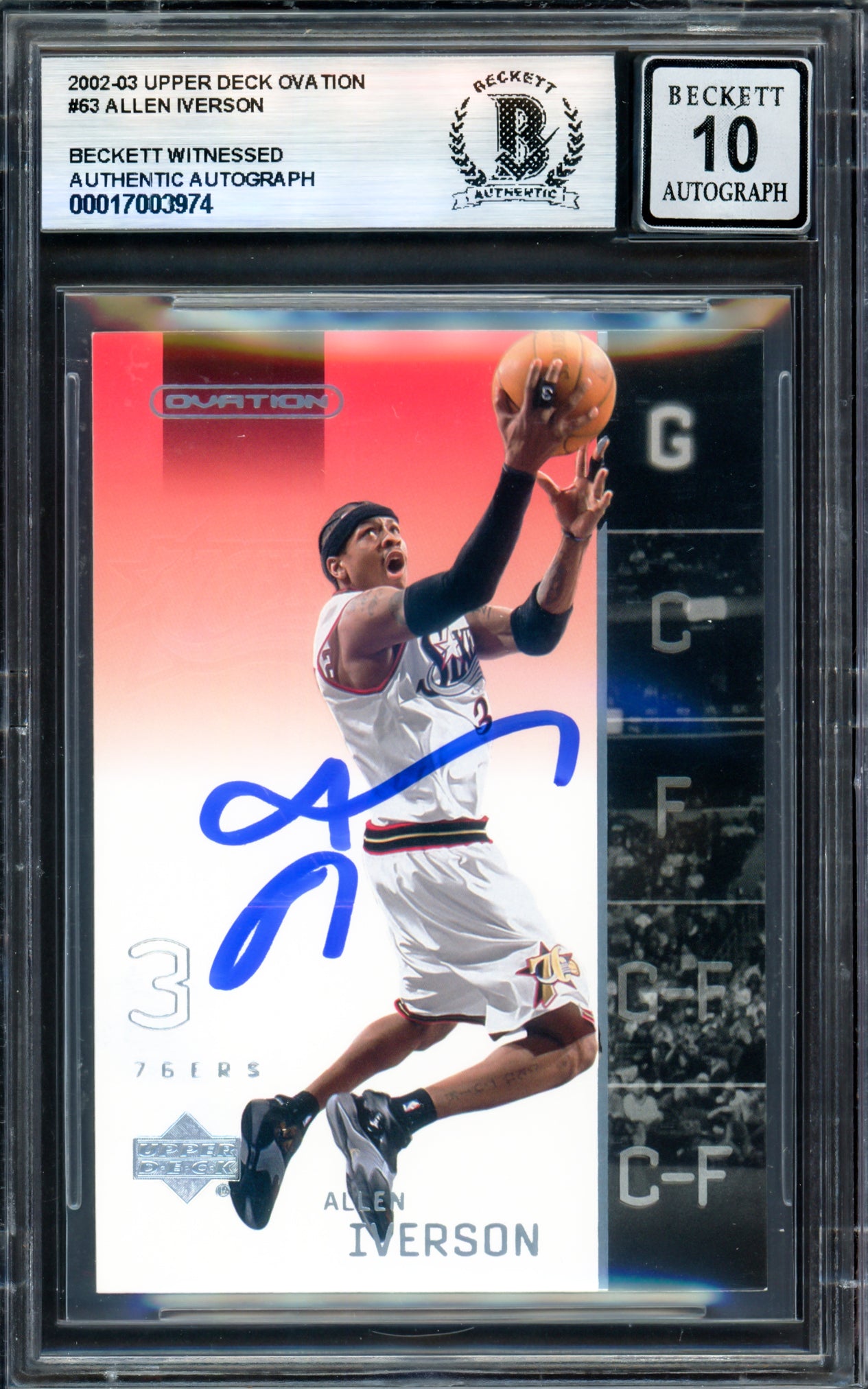 Allen Iverson Autographed 2002-03 Upper Deck Ovation Basketball Card #63 Philadelphia 76ers - Beckett BAS Gem Mint 10 Grade with Witness #17003974 - Perfect for NBA Memorabilia Collectors and 76ers Fans Display