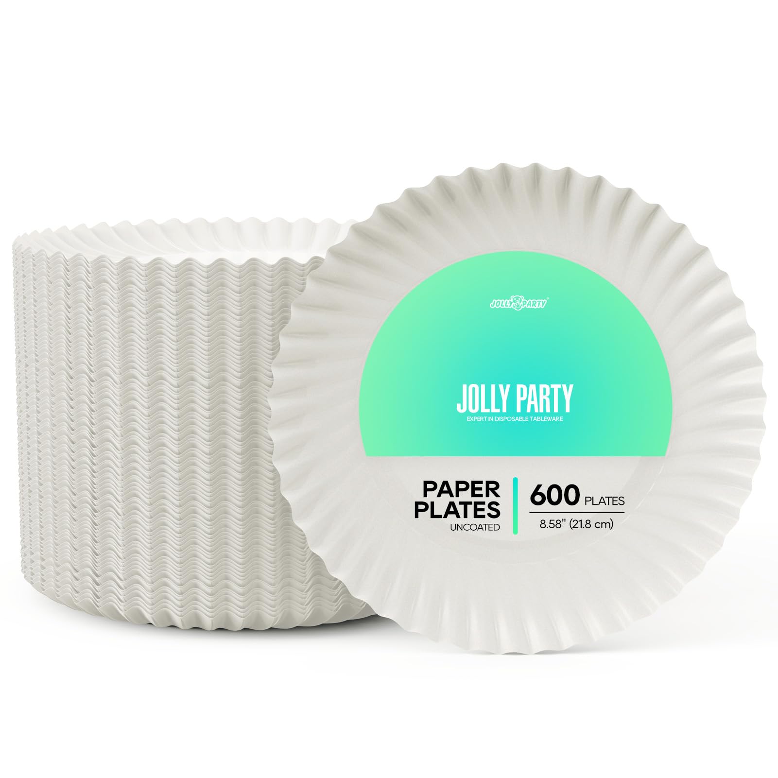 JOLLY PARTY 8.5 Inch Uncoated Paper Plates - 600 Count Disposable Dinner Plates | Lightweight White Round Plates for Lunch, Parties, Home & Office Use | Perfect for BBQs, Picnics, Catering & Everyday Meals