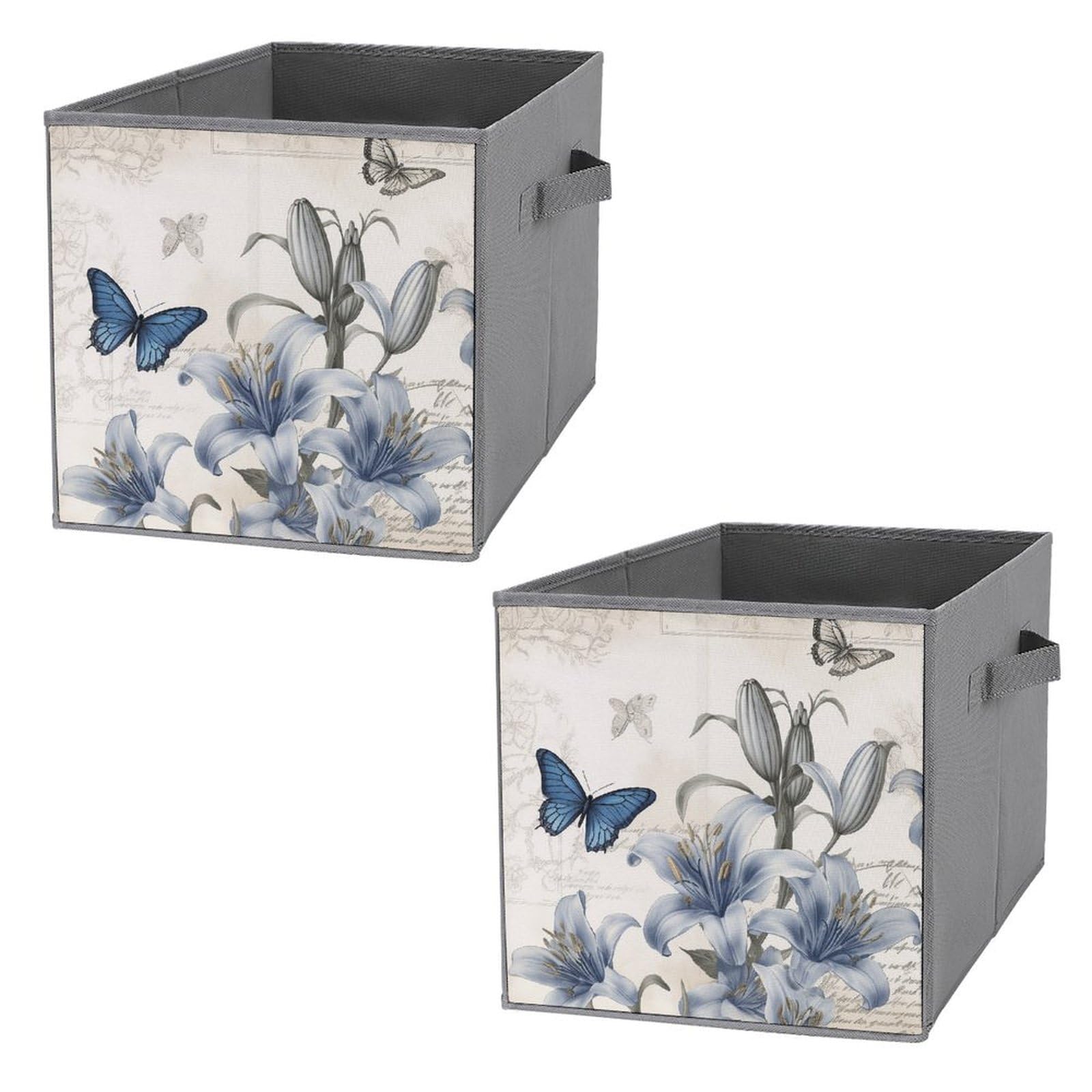 2-Pack Collapsible Storage Bins with Handles - Blue Floral Printed Foldable Storage Boxes for Home Organization, Shelves, Closet & Pantry | Space-Saving Storage Solution for Bedroom, Bathroom & Office