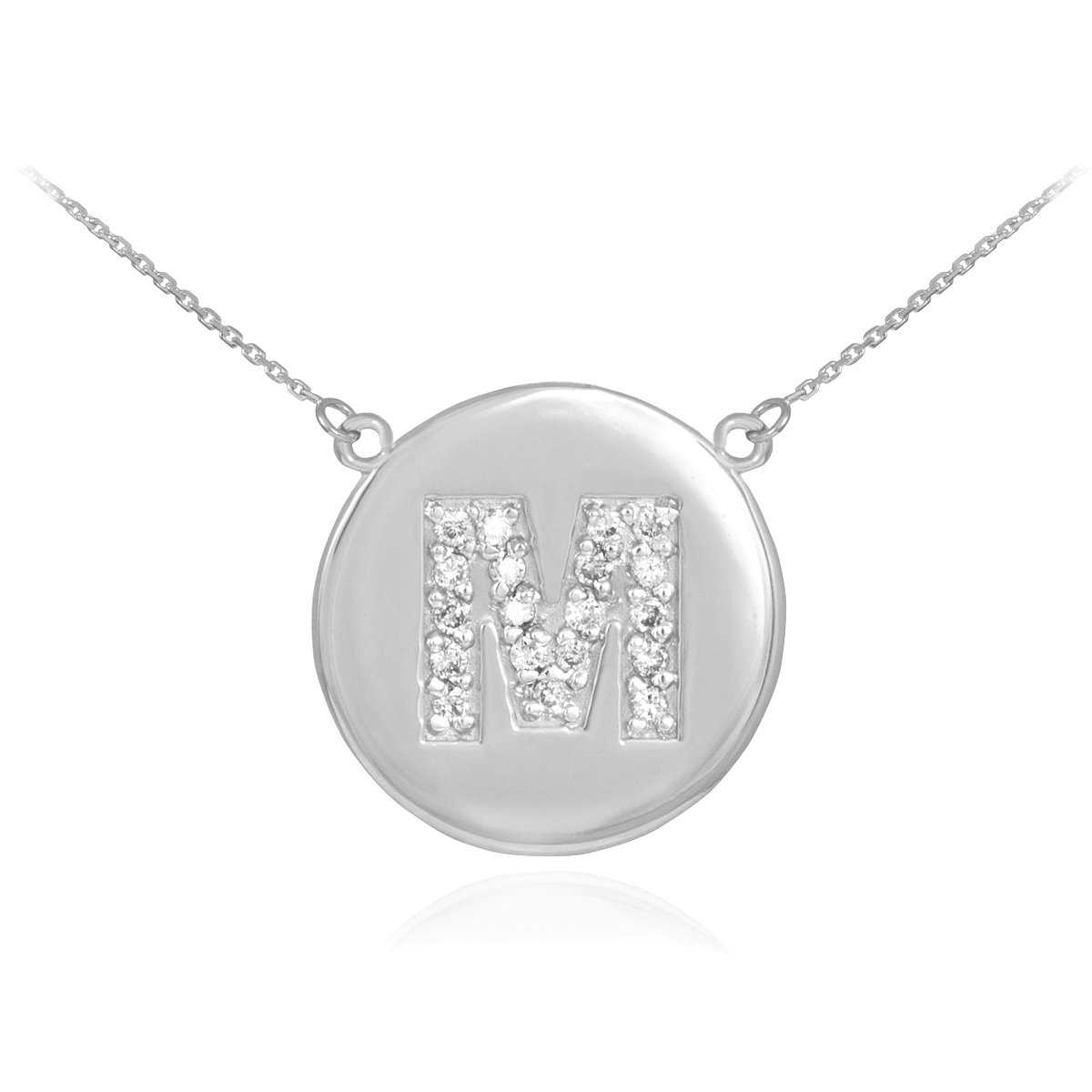 14K White Gold Letter M Initial Diamond Disc Necklace for Women - Elegant Personalized Name Jewelry Gift for Birthday, Anniversary & Valentine's Day