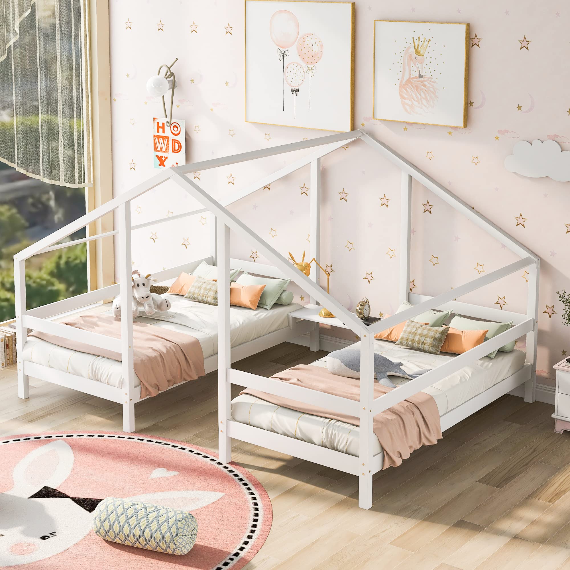 Double Twin Size House Beds with Triangular Canopy & Built-in Table - Kids Teens Adults Bed Frame - White - Perfect for Bedrooms, Playrooms & Cozy Reading Nooks