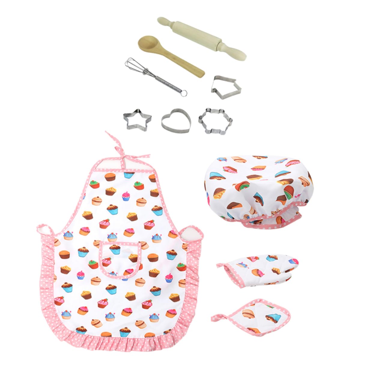 Toyvian Kids Chef Costume Set - Wooden Pretend Play Kitchen Toys with Metal Cookie Cutters & Baking Accessories for Girls & Boys - Perfect for Role Play, Dress Up & Cooking Fun
