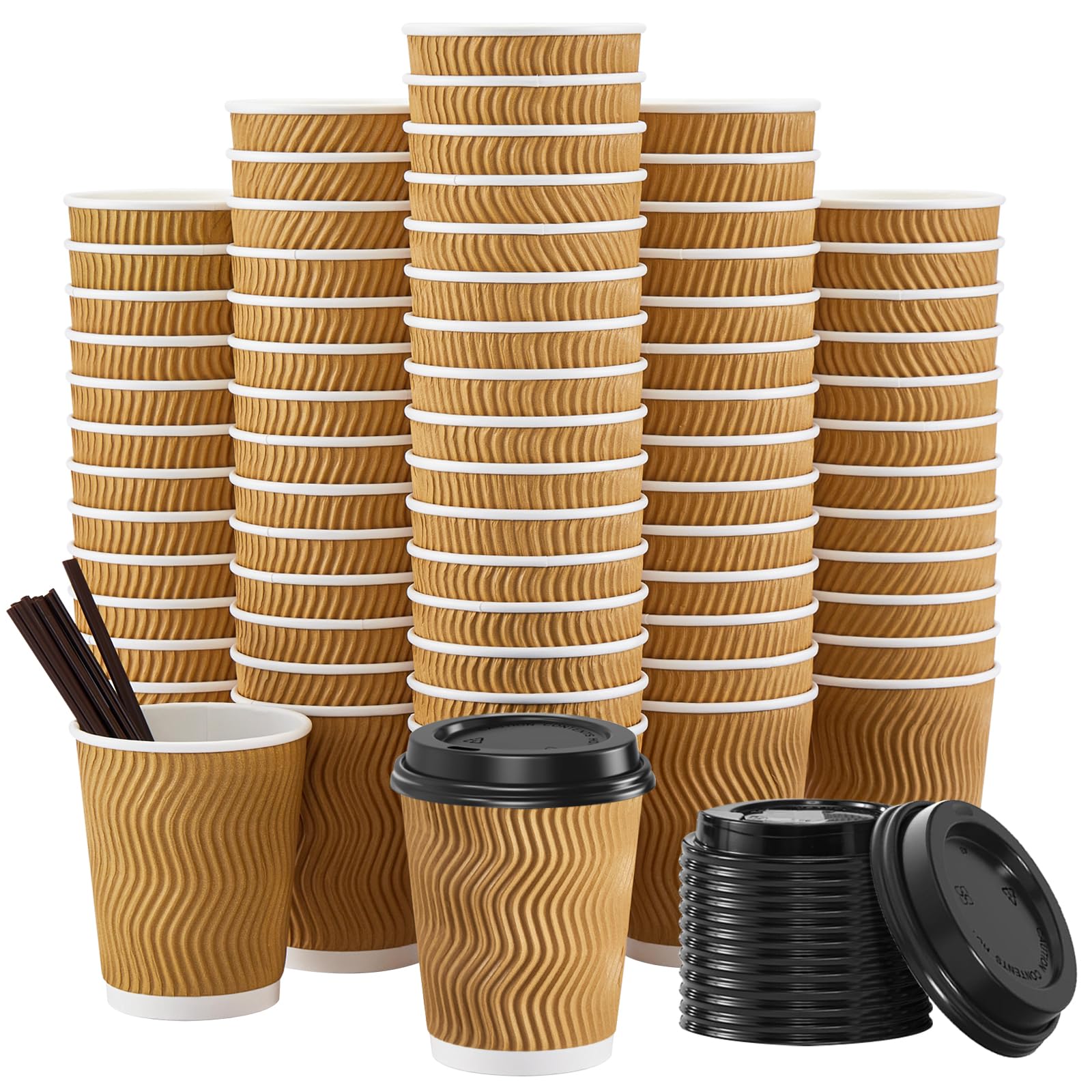 90 Pack - 8 oz Disposable Coffee Cups with Lids & Straws | Insulated Corrugated Paper Cups for Hot & Cold Drinks | To-Go Beverage Cups for Coffee Shops, Parties & Office Use