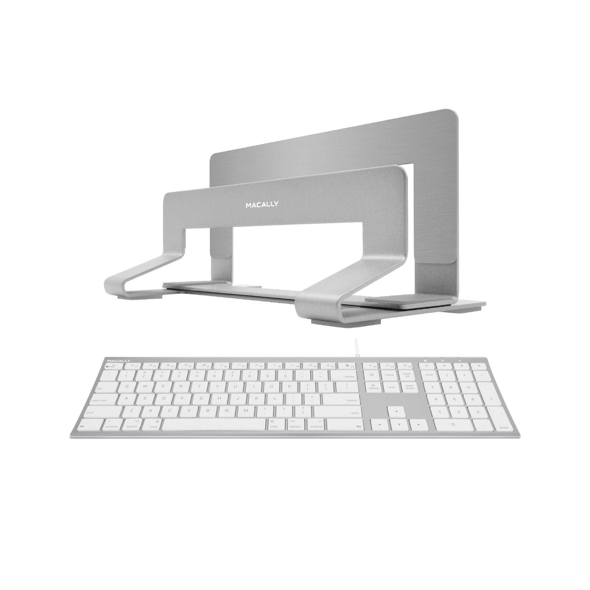 Macally Ultra Slim Wired Computer Keyboard with Vertical Laptop Stand - Ergonomic Space-Saving Design for Home Office & Workspace Productivity