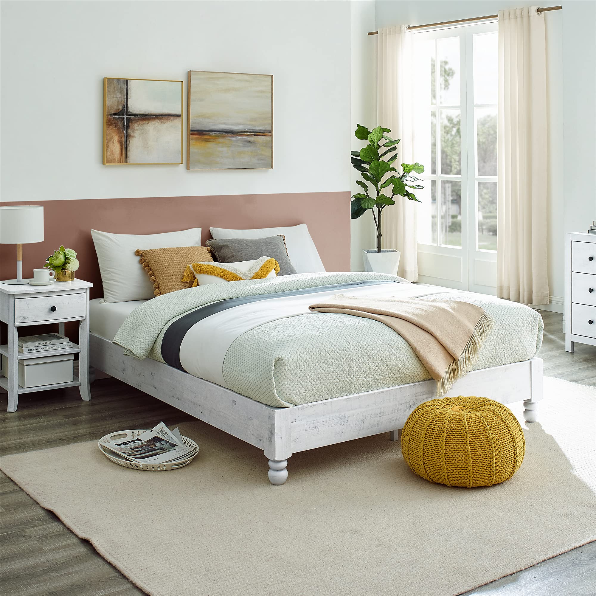 Solid Wood Platform Bed Frame - Full Size, Rustic White Washed Finish for Bedroom Decor