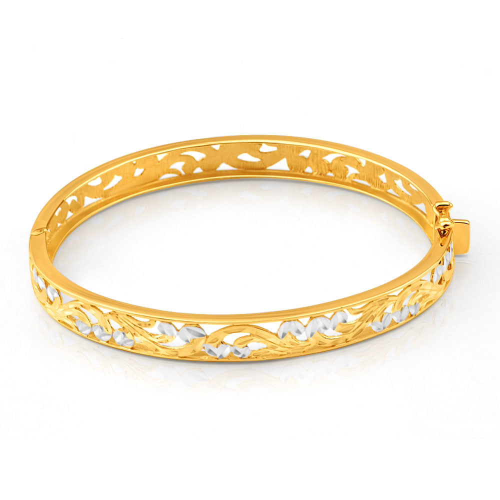9ct Yellow Gold & White Gold Fancy Oval Bangle - Elegant Stackable Bracelet for Women, Perfect for Weddings, Parties & Everyday Wear