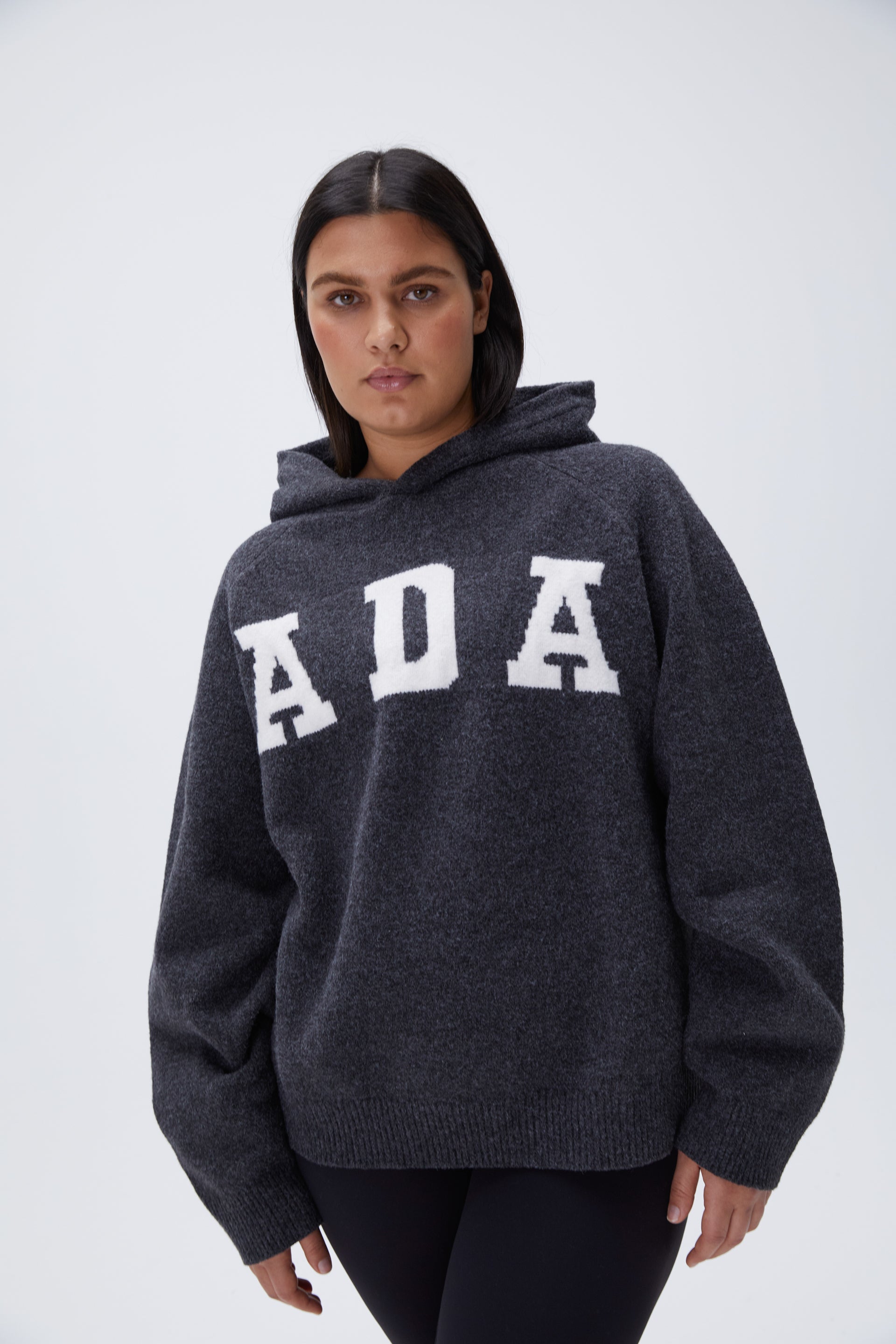 ADA Oversized Knit Hoodie for Women - Dark Grey & Cream - Cozy Winter Pullover for Casual Outfits & Loungewear