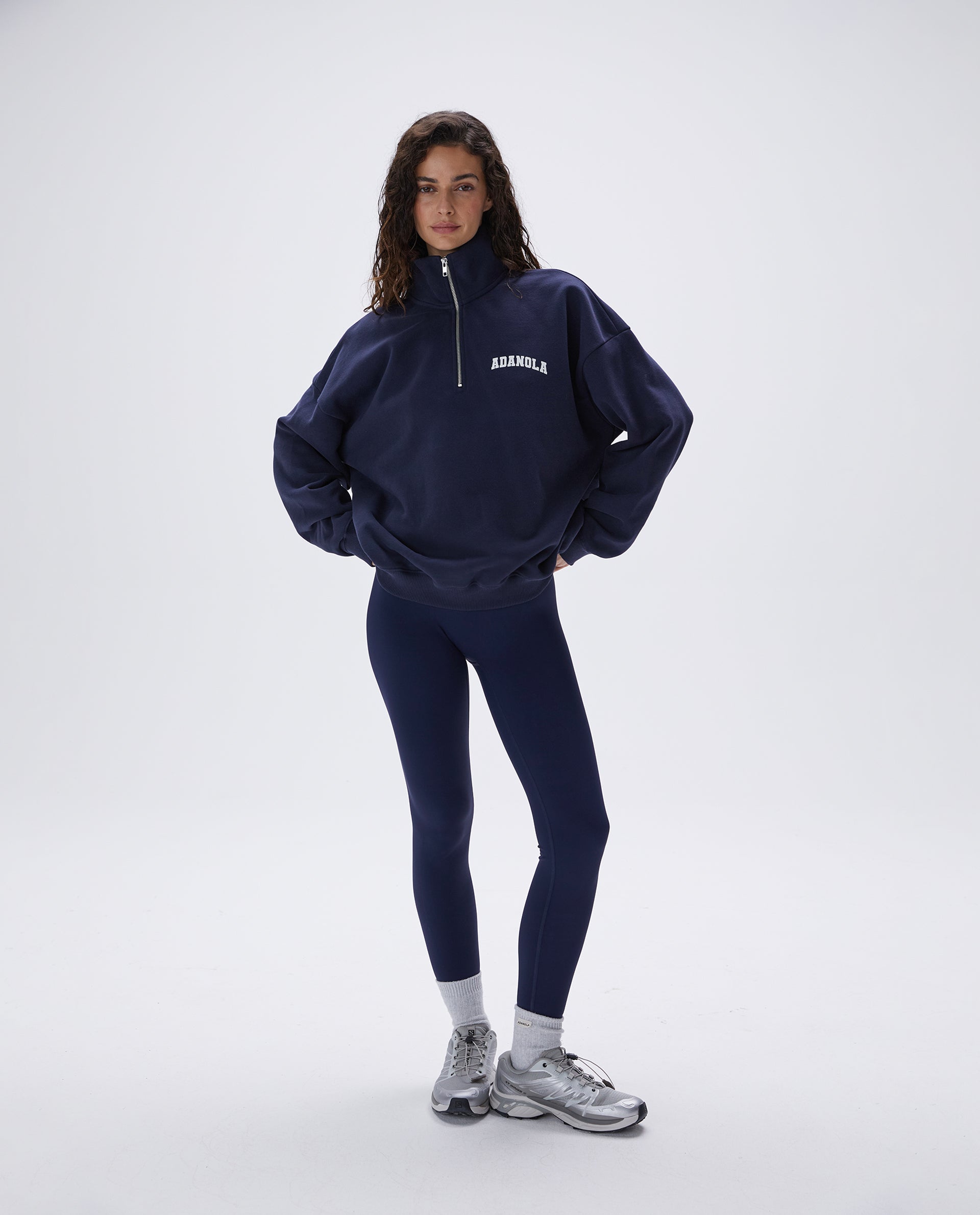 Varsity Oversized Funnel Neck Zip-Up Sweatshirt for Women - Navy Blue Pullover Hoodie | Casual Streetwear, Loungewear & Winter Fashion