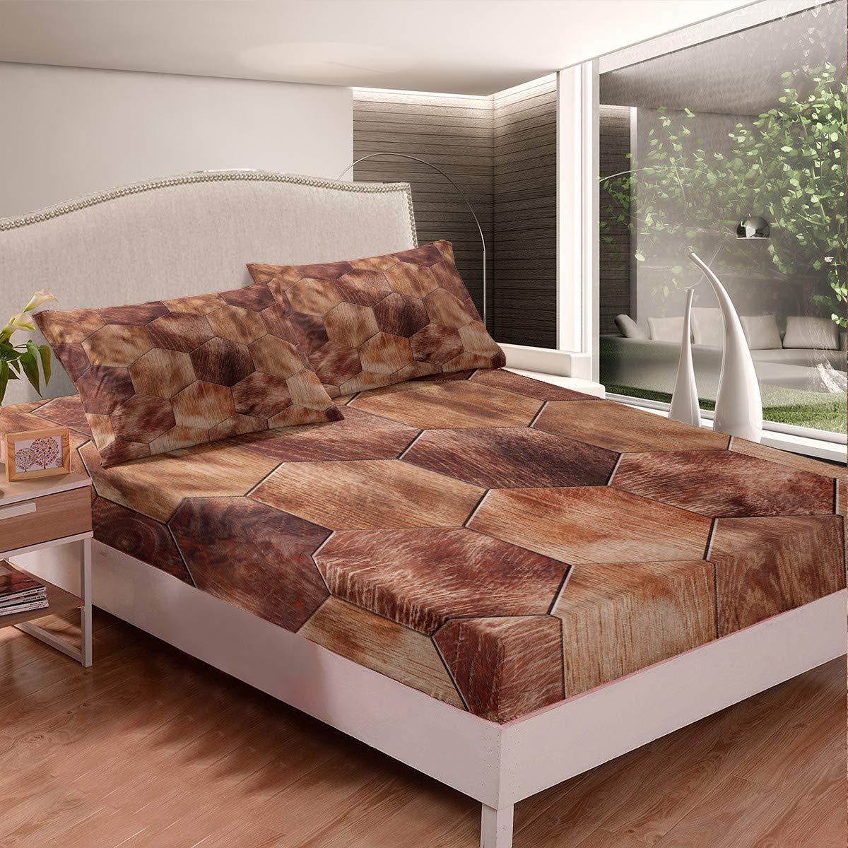 3D Geometric Honeycomb Print Deep Pocket Duvet Cover Set - Queen Size Brown Ultra Soft Bedding (1 Fitted Sheet + 2 Pillowcases) for Kids & Adults - Cozy Winter Bedroom Decor