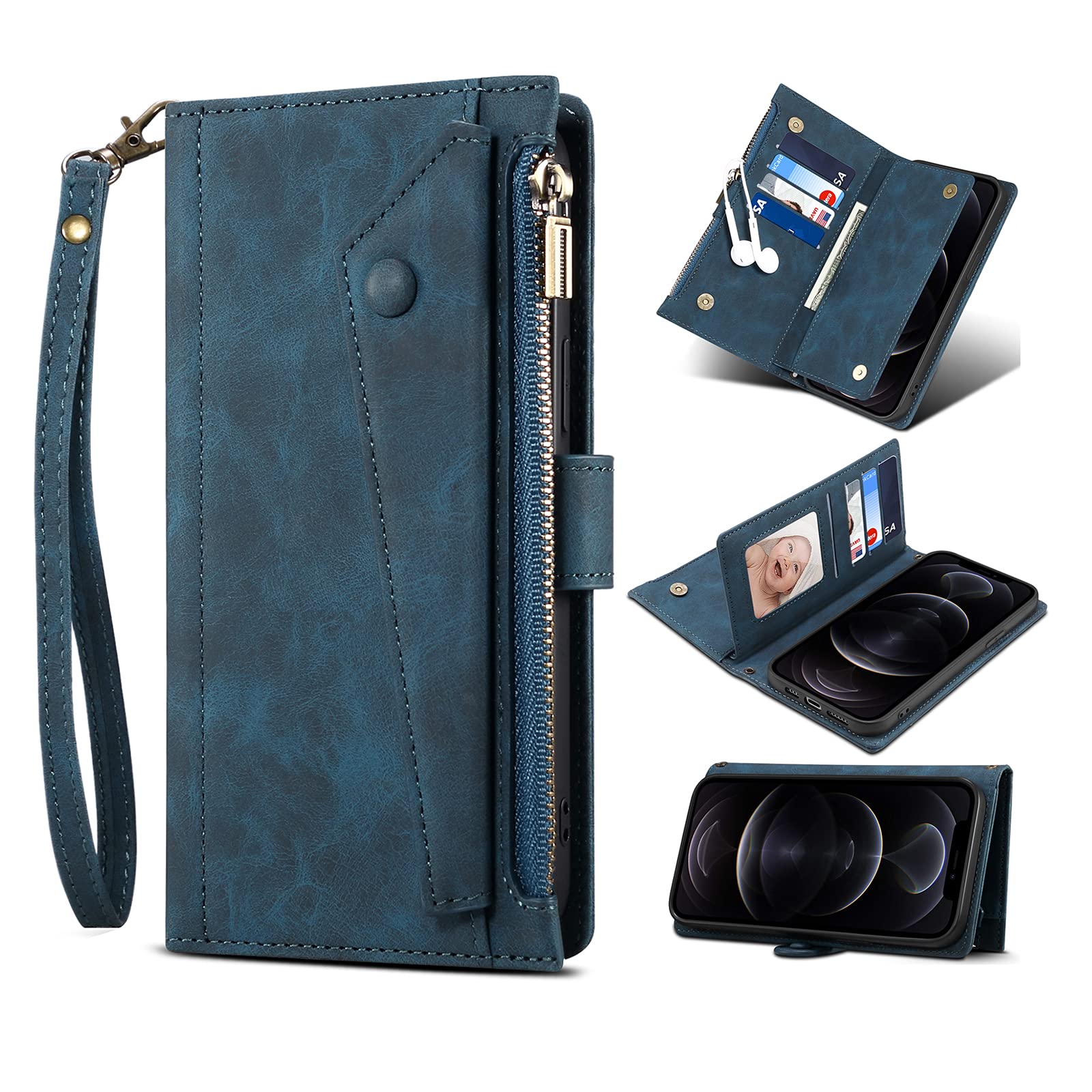 Samsung Galaxy S22 Ultra Leather Wallet Case with 8 Card Slots, Magnetic Closure & Kickstand - Flip Cover with Wrist Strap for Men & Women (Blue) | Perfect for Business, Travel & Everyday Protection