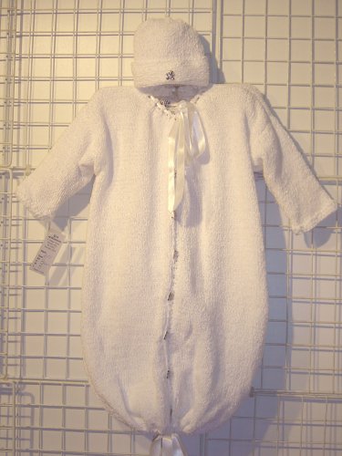 BT1W Hand-Knitted Unisex Baby Chenille Bunting & Hat Set - Machine Knit with Hand-Crochet Finishing - Soft White Winter Outfit for Newborns | Perfect for Christening, Photo Shoots & Cold Weather Protection