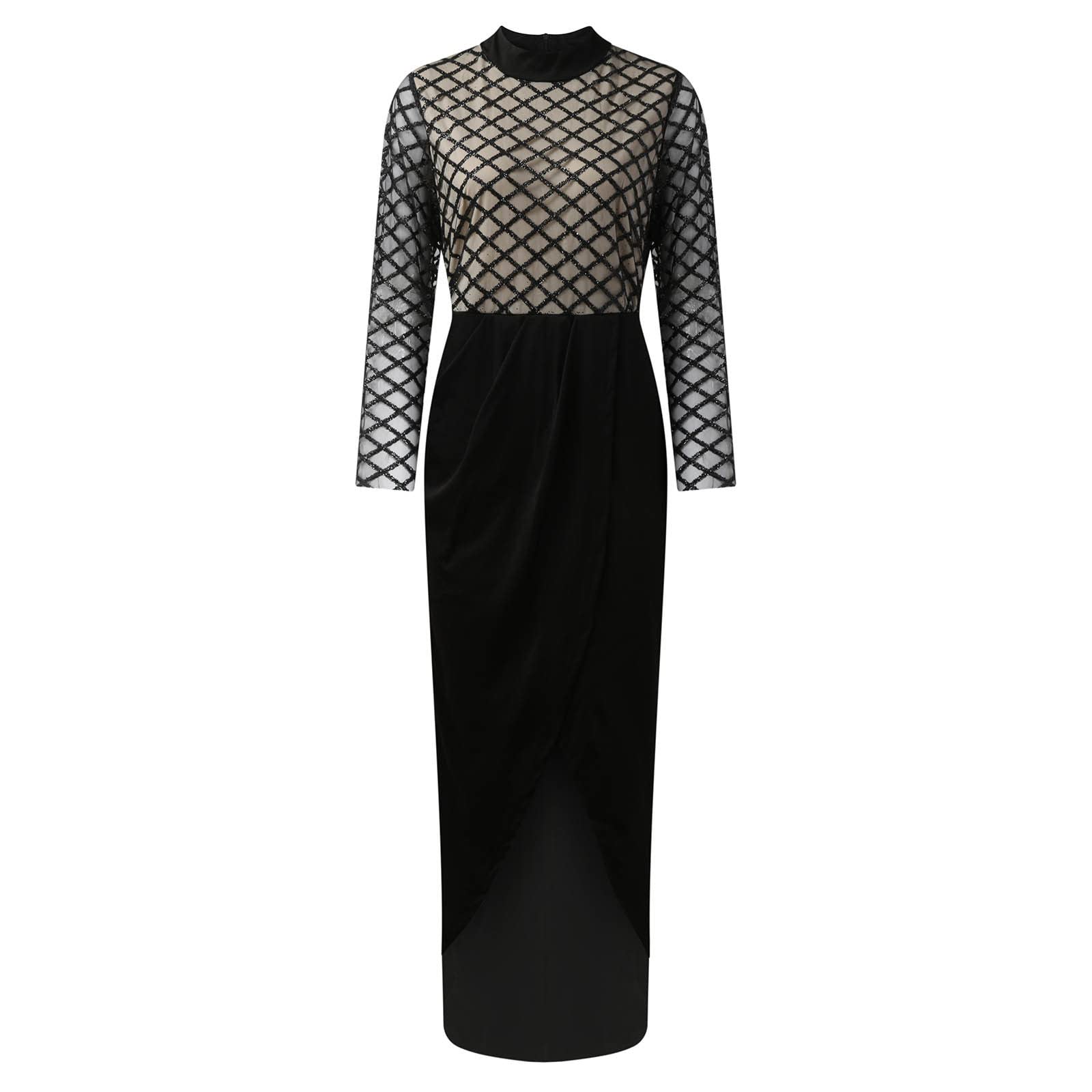 ESCBUKI Women's Mesh Club Dress Fishnet Patchwork Maxi Long Sleeve Party Dress - Round Neck Evening Gown for Nightclub, Cocktail Party & Special Occasions