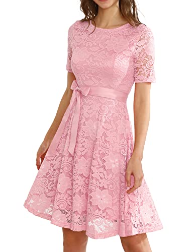 Elegant Lace Wedding Guest Dress for Spring & Summer | Short Sleeve Mother of The Bride Dress with Belt | Perfect for Garden Weddings, Bridal Showers & Formal Events