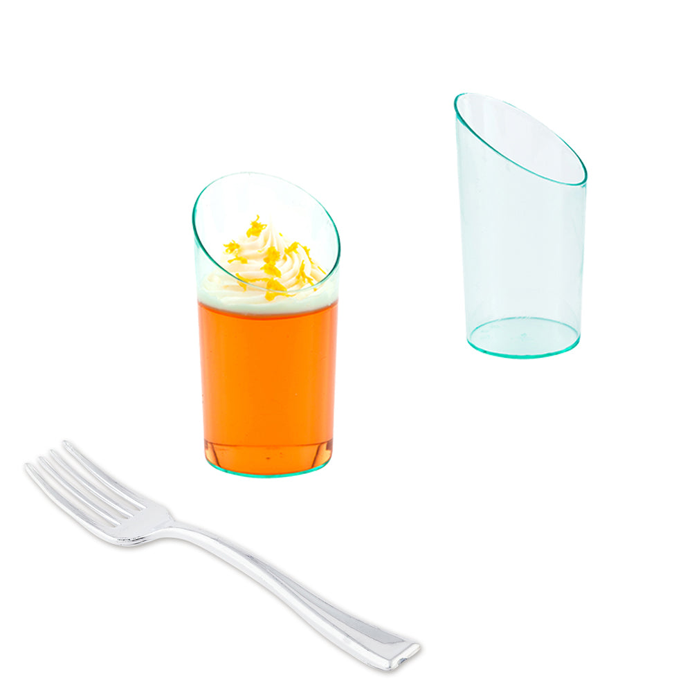 100-Pack 3 oz Round Seagreen Plastic Incline Shot Glasses & 100 Silver Mini Plastic Forks - Perfect for Parties, Bars, and Cocktail Events
