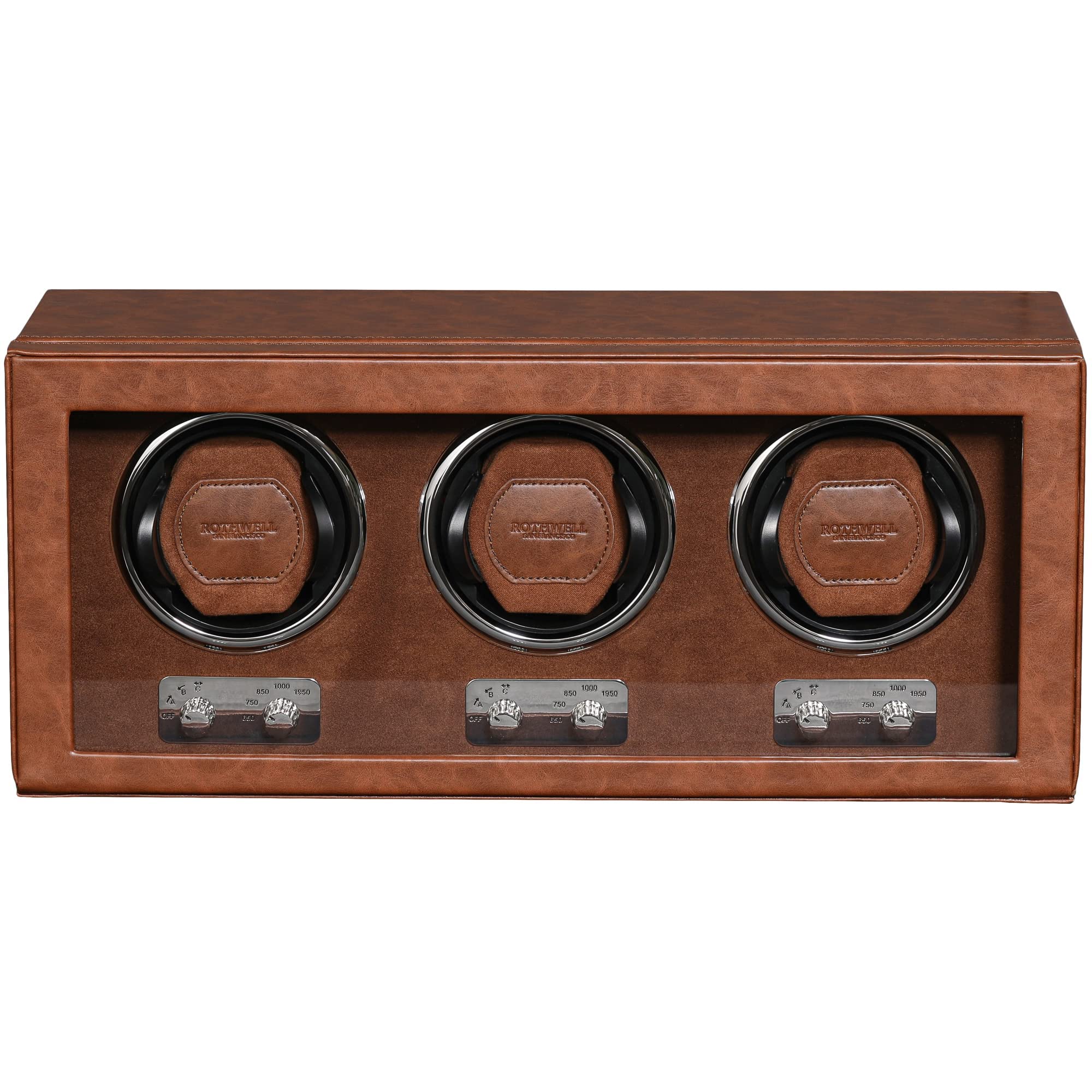 ROTHWELL Triple Automatic Watch Winder - Quiet Motor with 3 Speed Settings & Custom Rotation Modes (Tan/Brown) - Perfect for Watch Collectors, Travel & Nighttime Storage