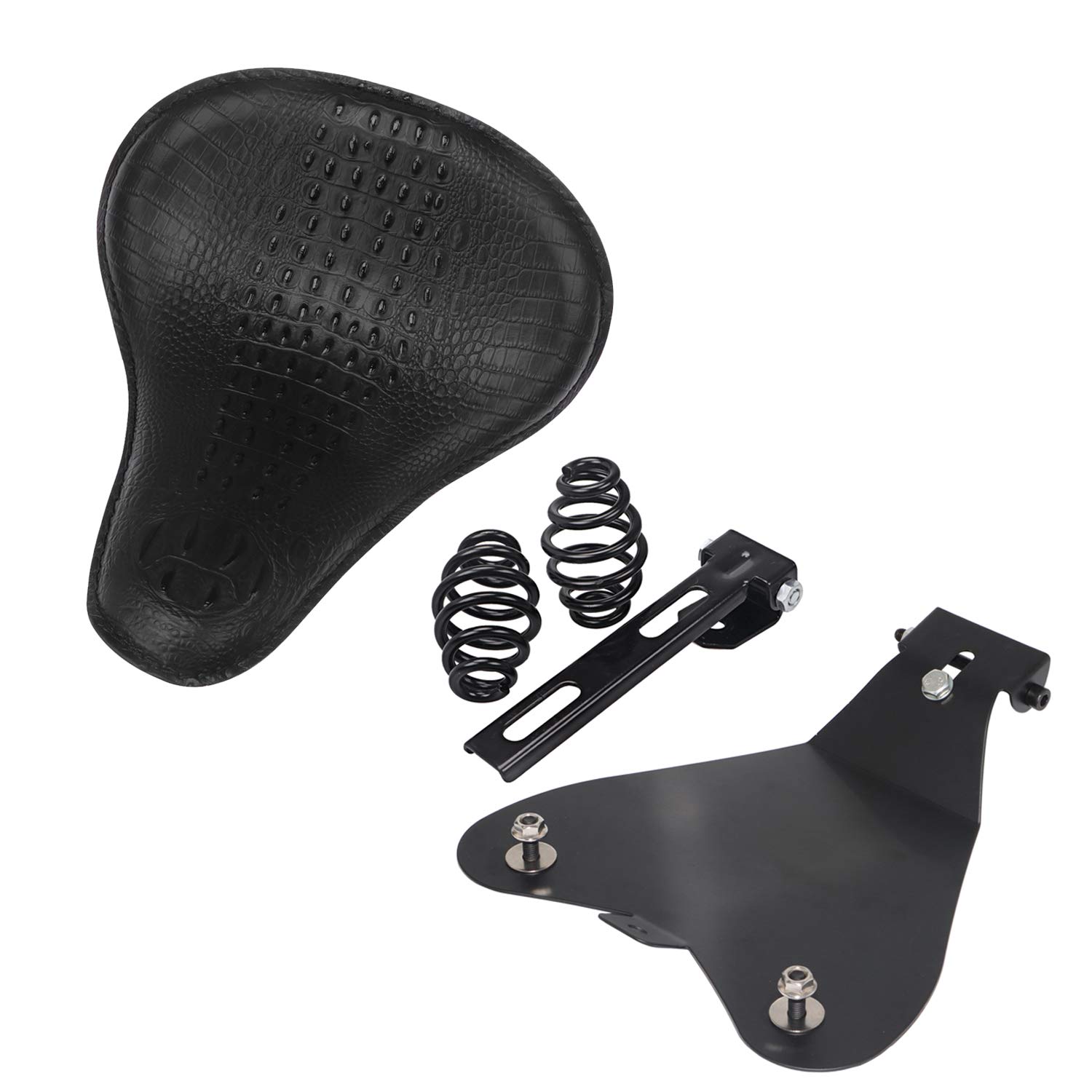 Black Crocodile Leather Motorcycle Bobber Solo Slim Seat with Large Spring Base Plate Bracket Kit - Compatible with Harley Sportster XL 883, 1200, 48 Chopper Custom - Perfect for Cafe Racer Builds and Custom Bike Projects