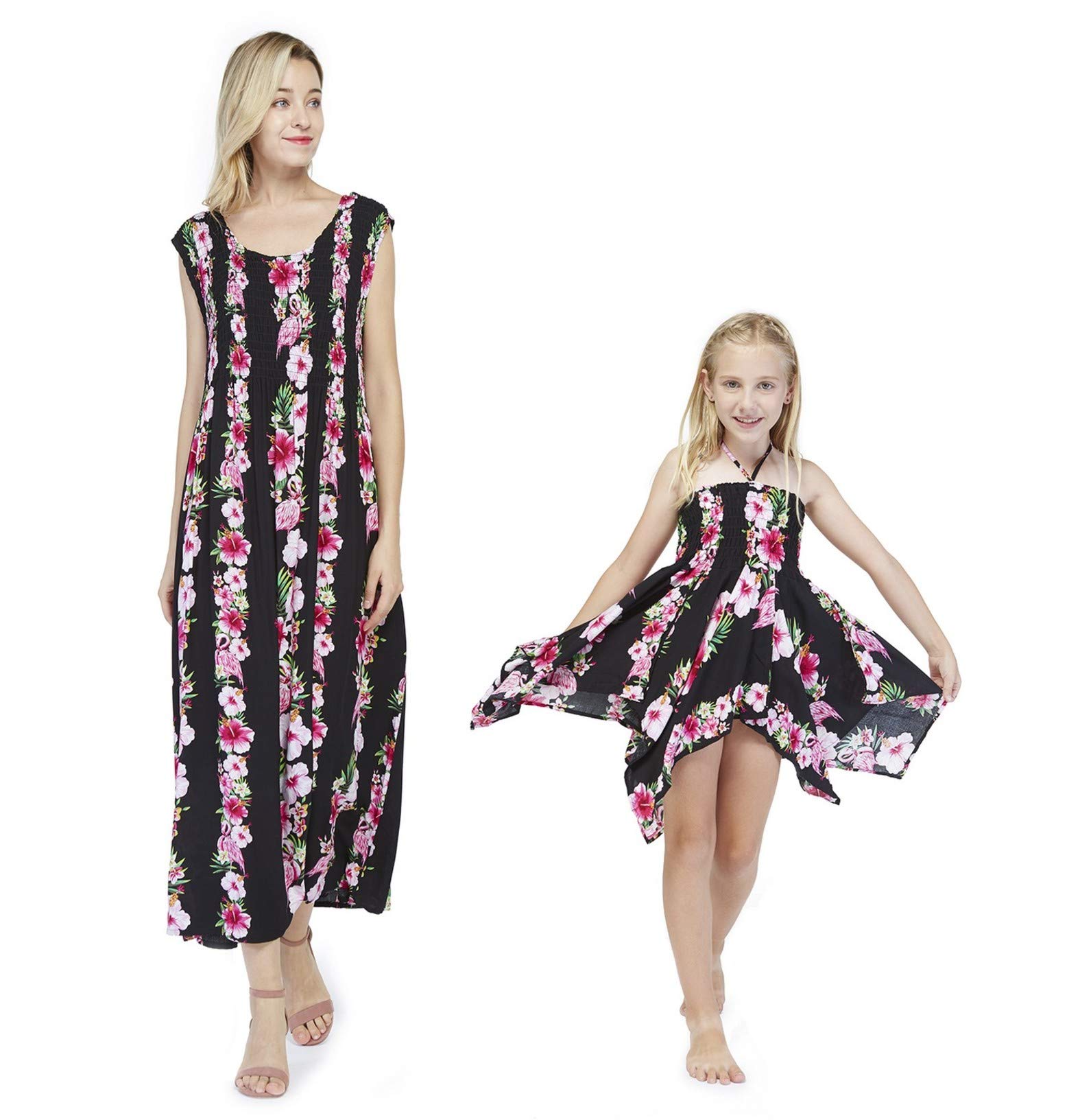 Matching Mother Daughter Hawaiian Luau Dresses - Pink Hibiscus Vine Tank Maxi Gypsy Outfits for Beach Vacation, Summer Party & Family Photos