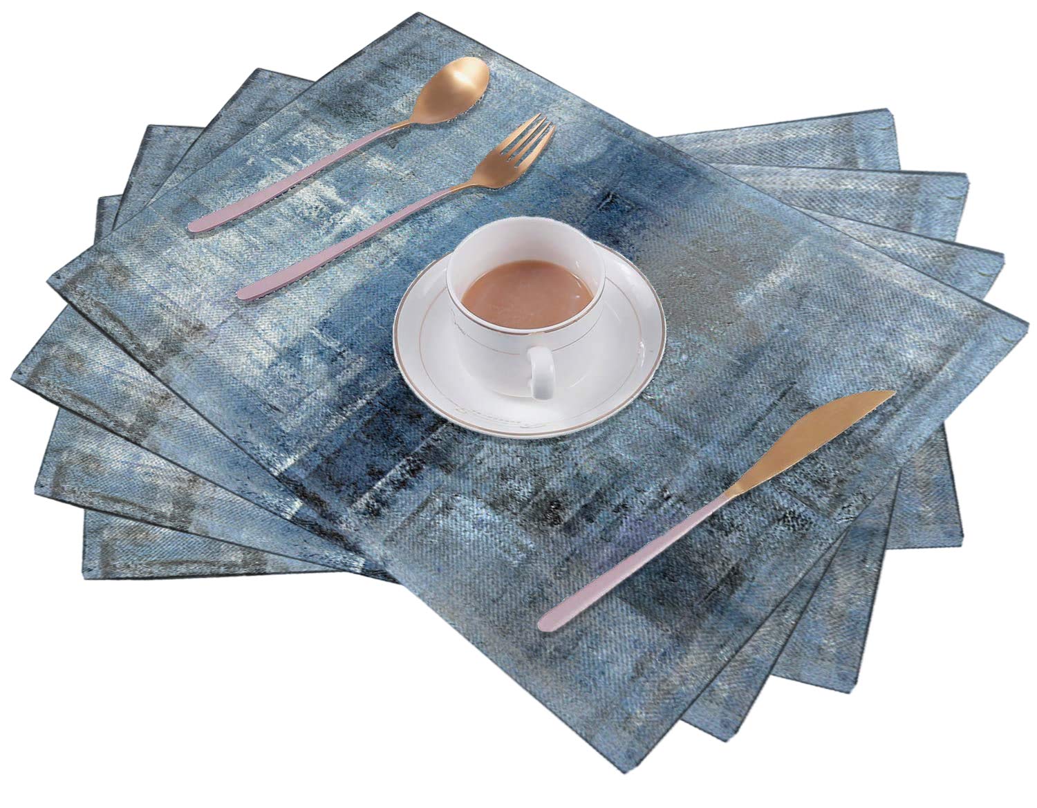 Abstract Art Placemats Set of 6 - Heat Resistant Linen Table Mats 18x12 Inches - Blue and Grey Modern Design for Dining Table - Perfect for Kids Meals, Dinner Parties & Home Decor