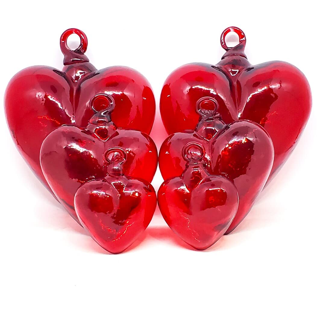 Red Hanging Glass Hearts Set of 6 - Handmade Recycled Blown Glass Decor in 3 Sizes - Perfect for Valentine's Day, Wedding Decorations & Home Wall Ornaments