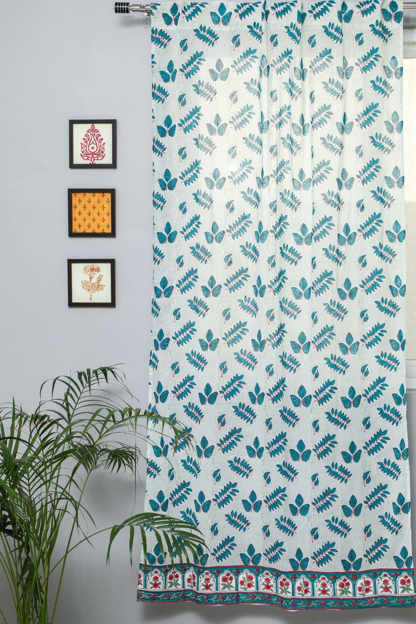 Handblock Printed Cotton Door Curtain - 'Glow of Leaves' by SootiSyahi | Traditional Indian Home Decor for Living Room, Bedroom & Entryway