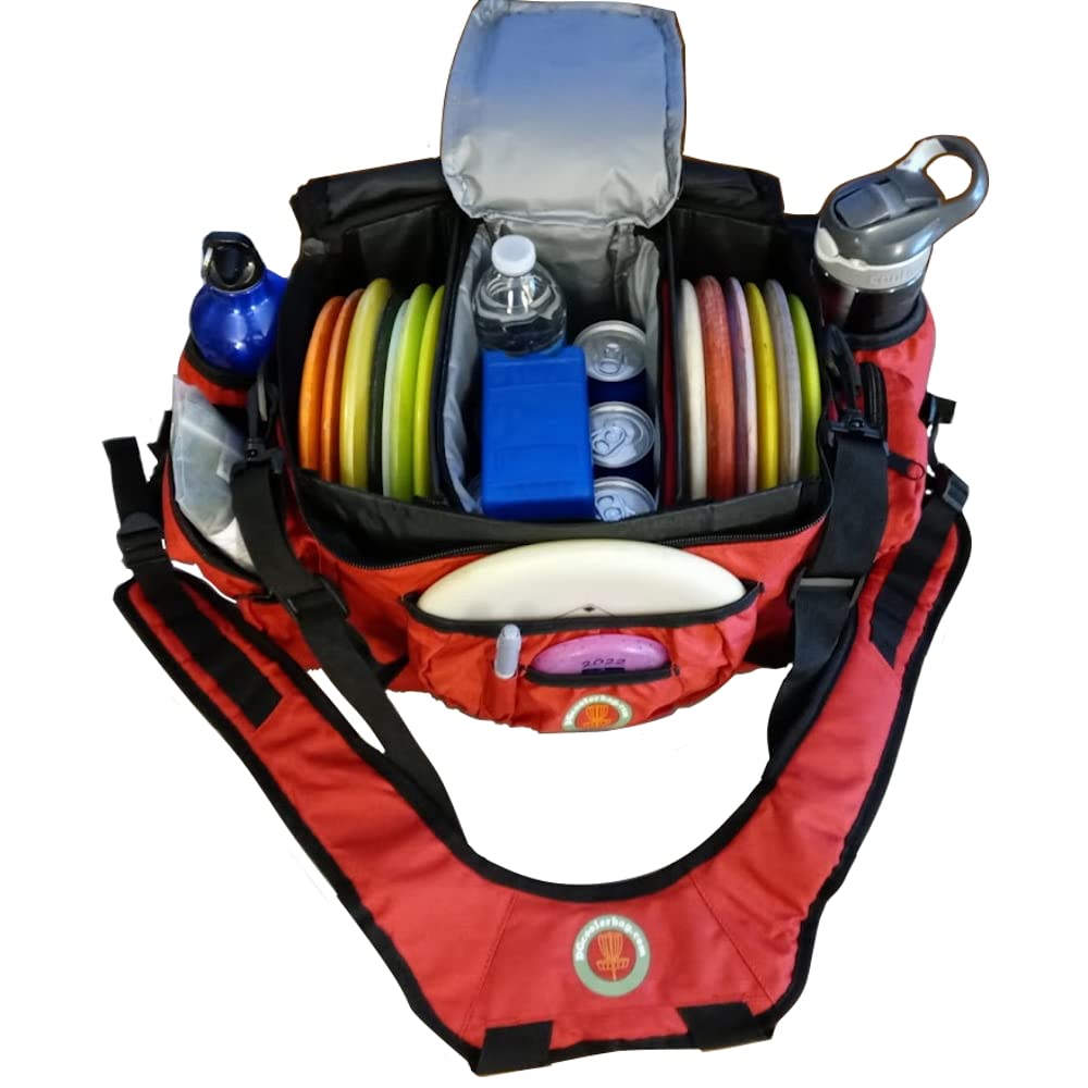 Disc Golf Cooler Backpack Bag - 13 to 22 Disc Capacity with Removable Insulated Cooler for 6-Pack, Adjustable Straps, Perfect for Tournaments & Outdoor Adventures (Red)