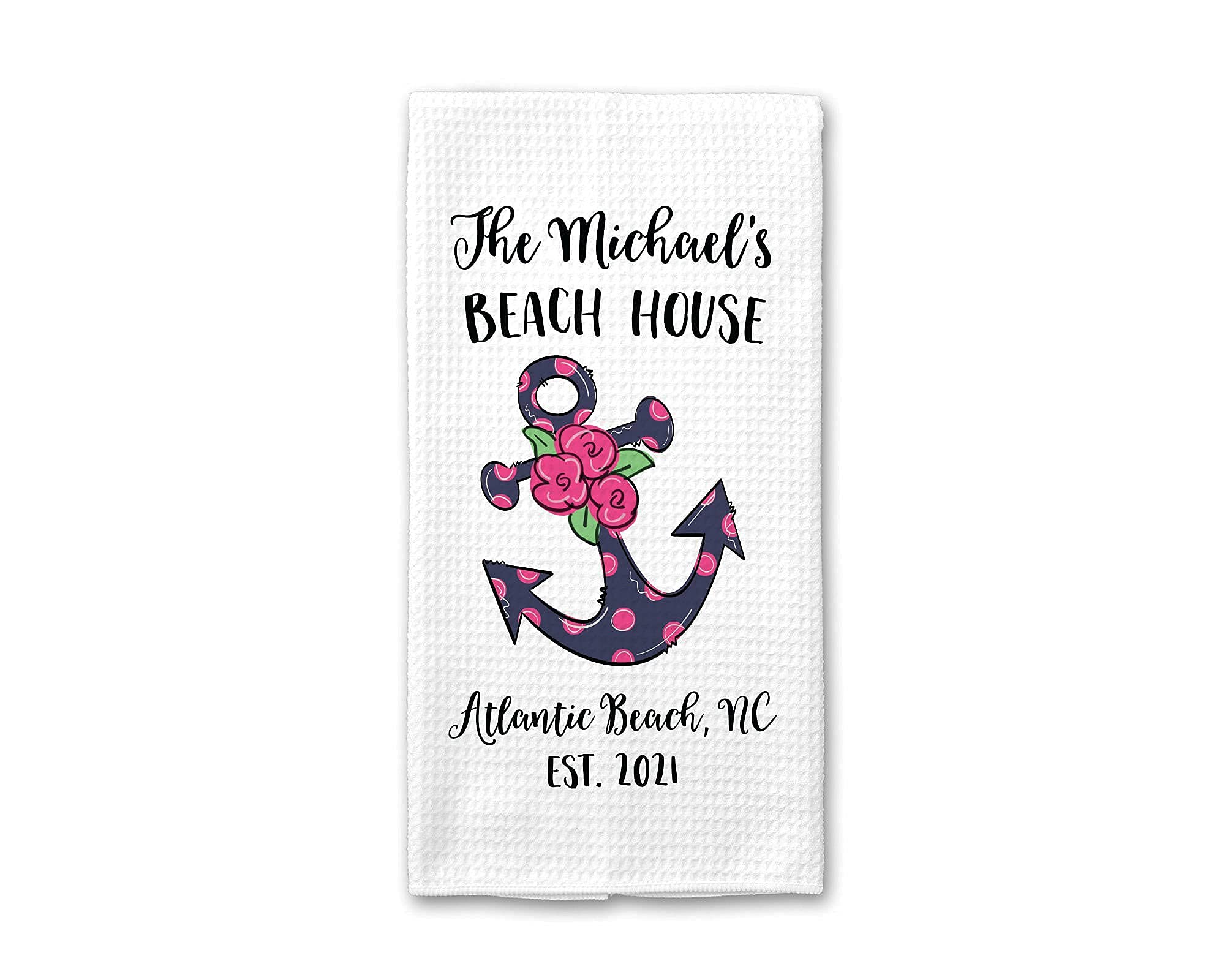 Personalized Beach House Kitchen Towel - Custom Family Name Waffle Weave Tea Towel for Coastal Decor | Perfect Beach Housewarming Gift for Kitchen, Bathroom & Summer Entertaining