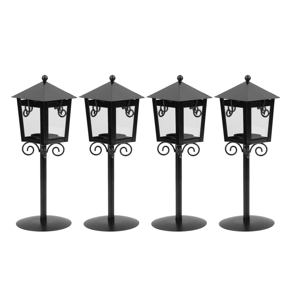MERIGLARE 4-Piece Black Street Lamp Shaped Tabletop Candle Holders - Elegant Candlestick Lanterns for Wedding, Party, Dining Table & Home Decor