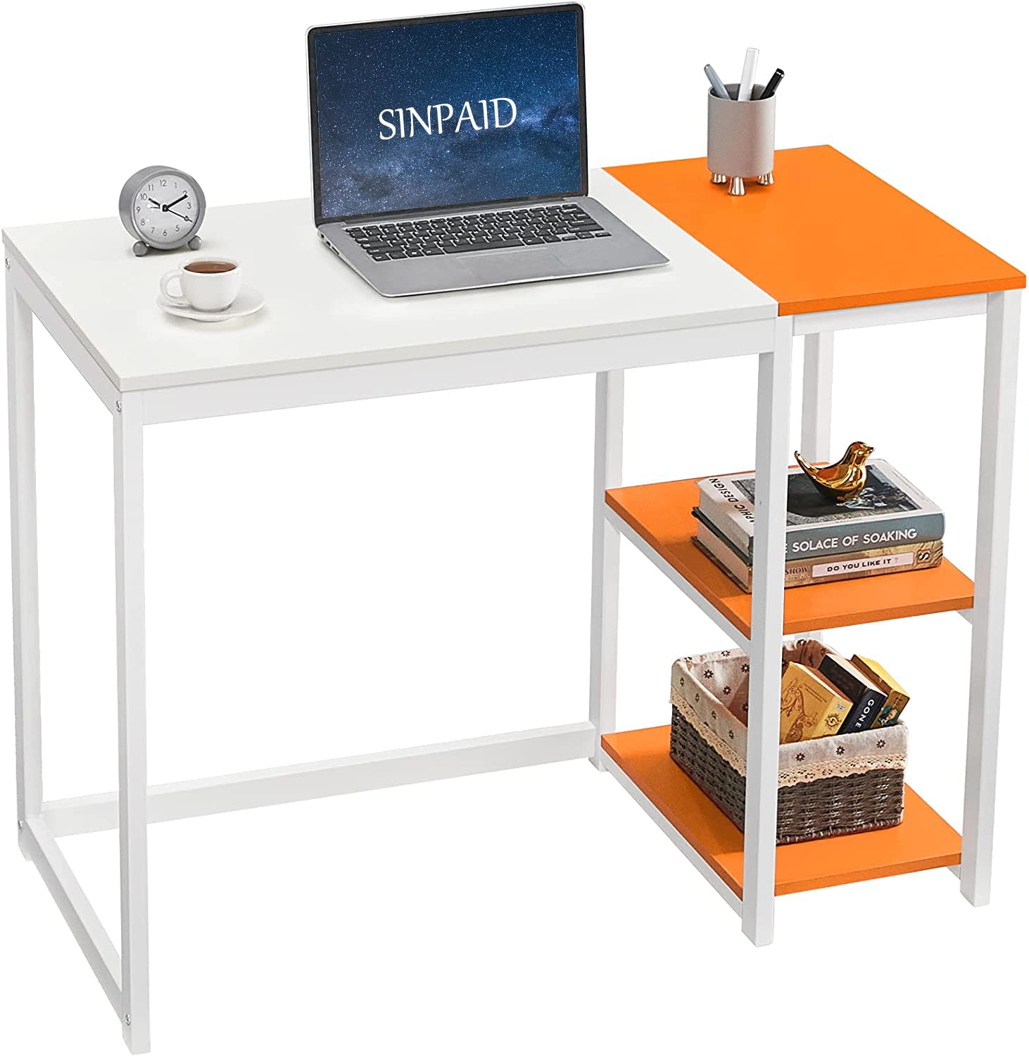 SINPAID 47-inch Modern Computer Desk with 2-Tier Shelves - Sturdy Home Office Desk, Gaming Desk, Study Writing Table with Large Storage Space - Black Marbling (White & Orange) - Perfect for Small Spaces, Dorm Rooms & Work from Home Setups