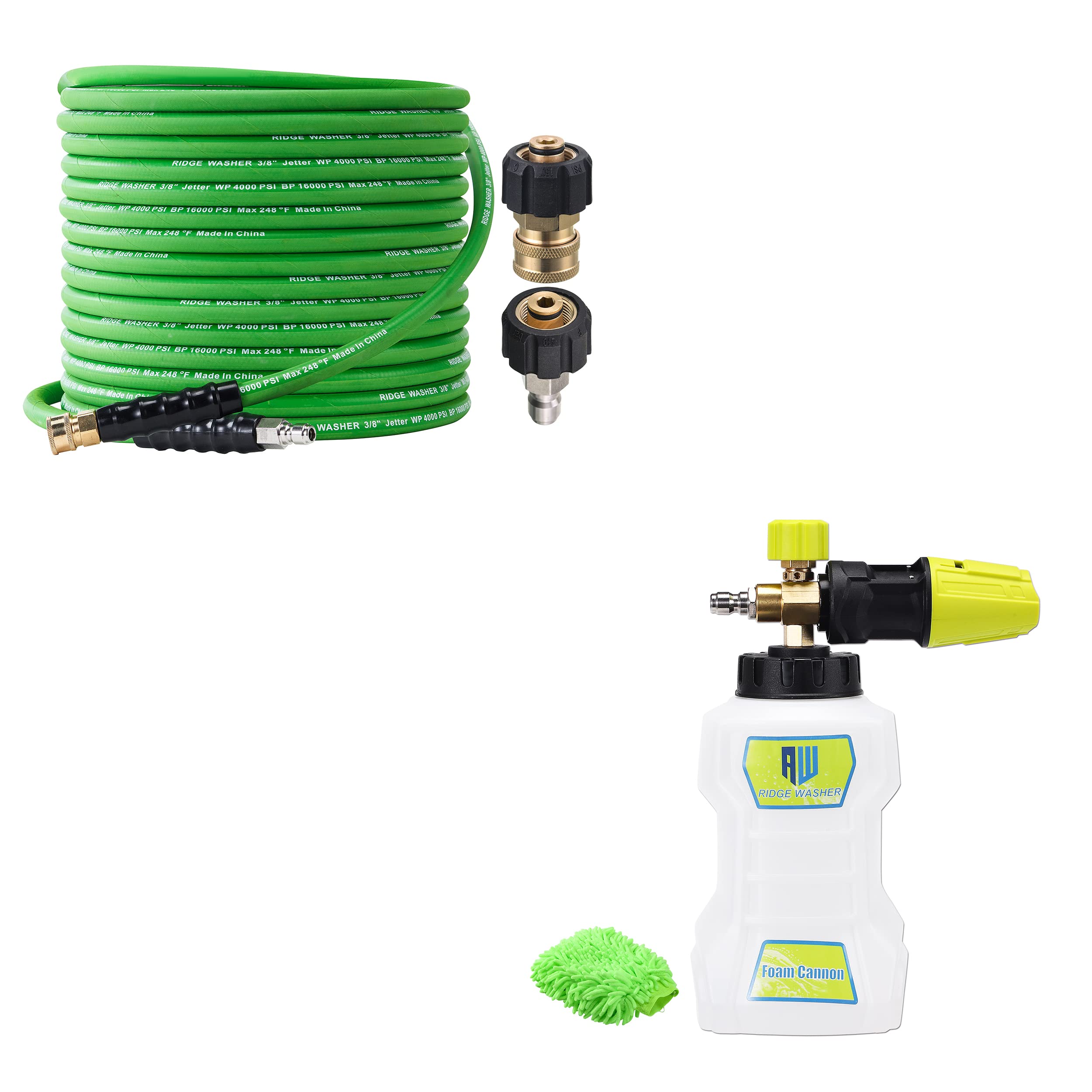 RIDGE WASHER 50 FT X 3/8'' Kink Resistant Pressure Washer Hose for Hot & Cold Water - Heavy Duty Foam Cannon Compatible - Perfect for Car Washing, Home Cleaning & Outdoor Power Washing