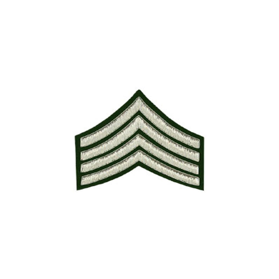 4 Stripe Chevron Badge Silver Bullion on Green - Military & Law Enforcement Insignia for Uniforms, Caps & Jackets