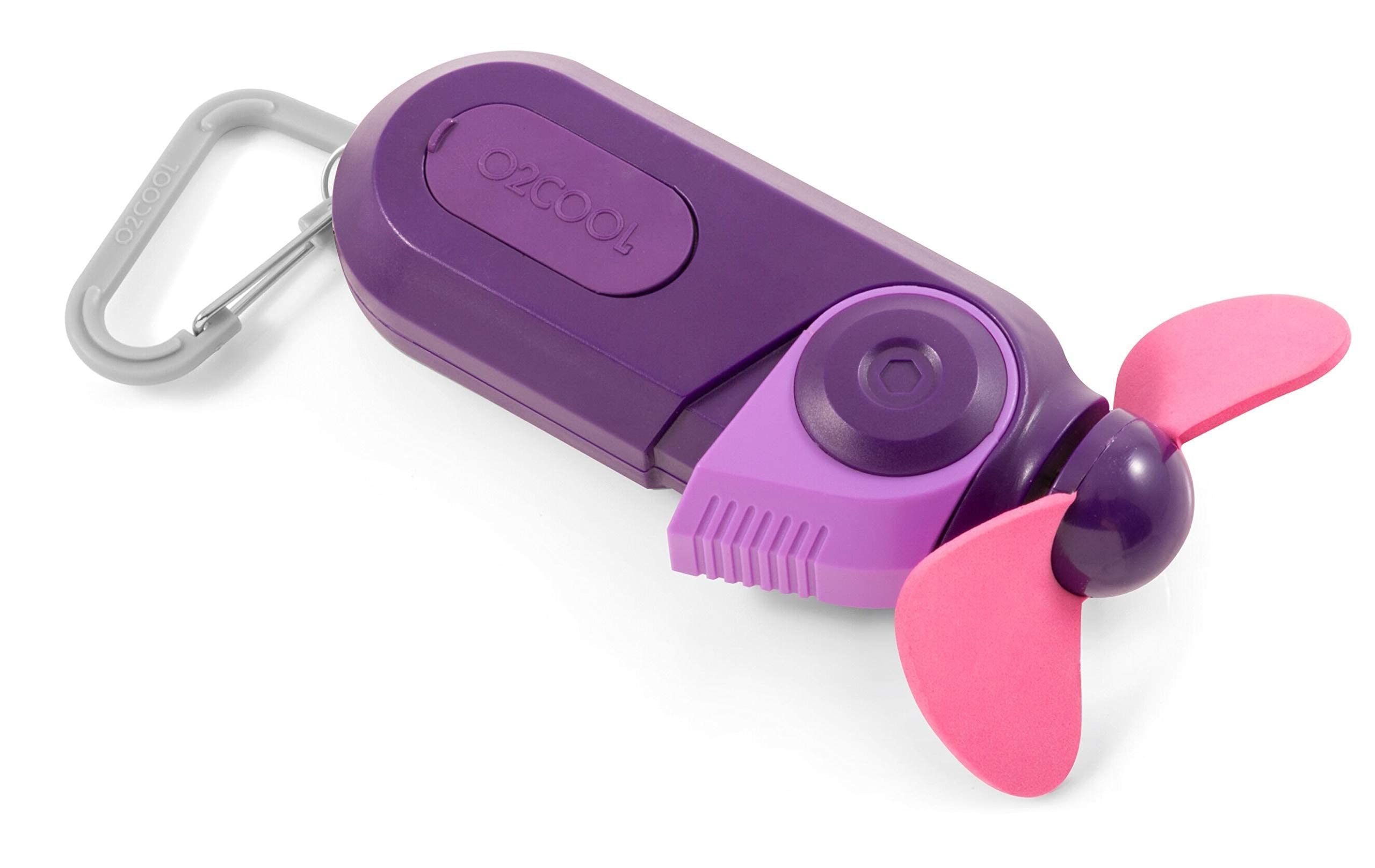 O2COOL 2-Pack Keychain Sport Misting Fan - Portable Battery Powered Handheld Fan with Carabiner Clip & Mister - Compact Cooling Fan for Outdoor Activities, Sports, Travel & Hot Weather (Purple)
