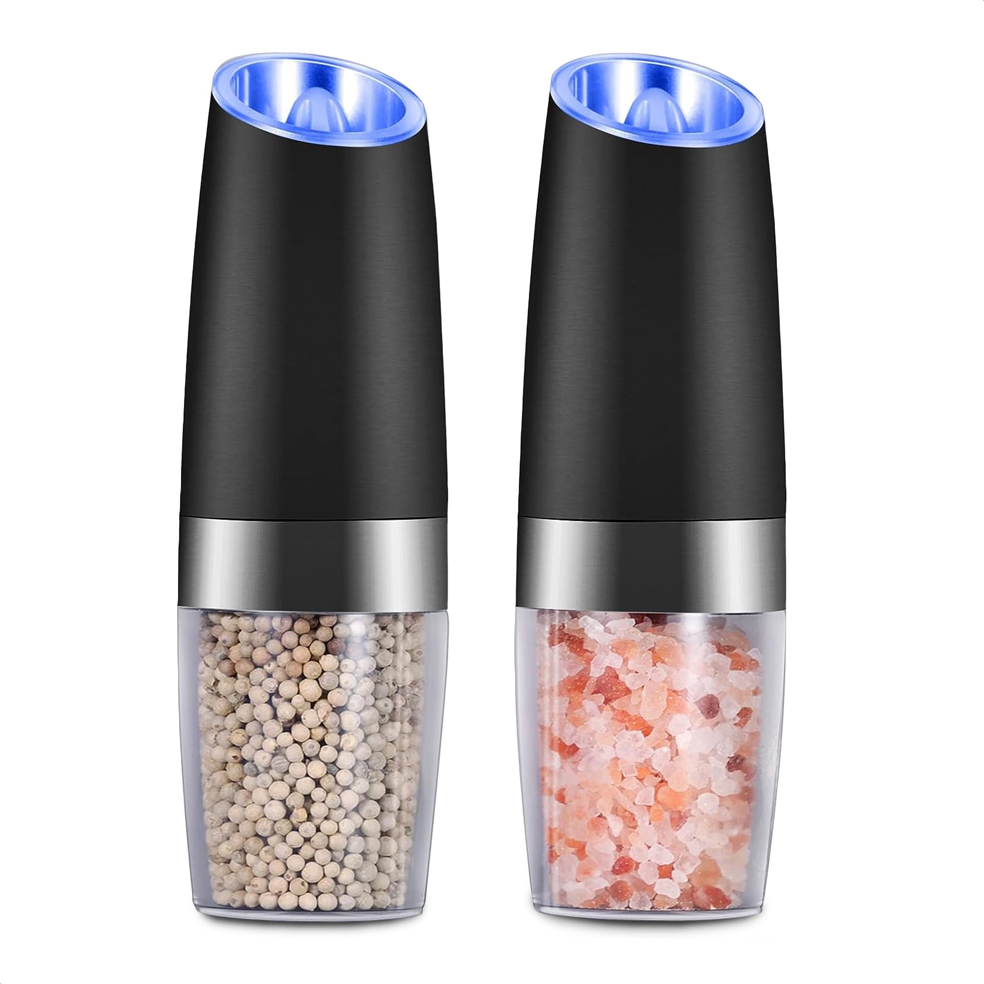 2Pcs Electric Salt and Pepper Grinder Set - Automatic Gravity Operated Spice Mill with LED Light - Perfect for Kitchen, Dining Table, Camping & Gifting