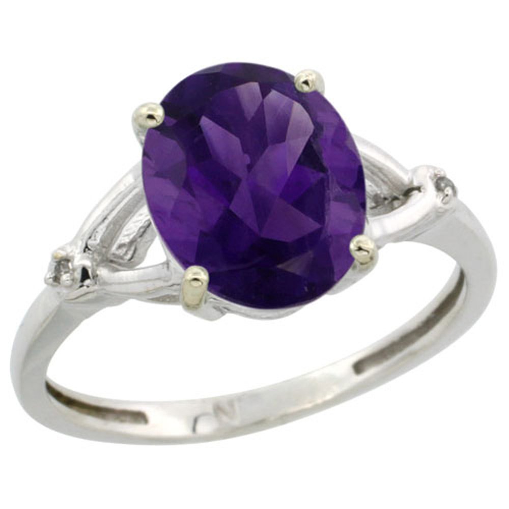 10x8mm Oval Natural Amethyst Sterling Silver Diamond Engagement Ring for Women - Size 5-10, 3/8 Inch Wide Band - Perfect for Proposals, Anniversaries & Special Occasions