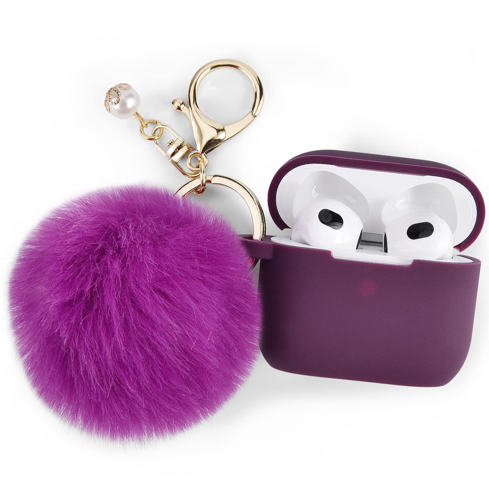 Filoto AirPods 3 (2021) Case Cover - Soft Silicone Protective Case for Apple AirPods 3rd Generation with Cute Pompom Keychain - Perfect Gift for Women & Girls (Dark Purple) - Ideal for Travel, Workout, and Daily Use