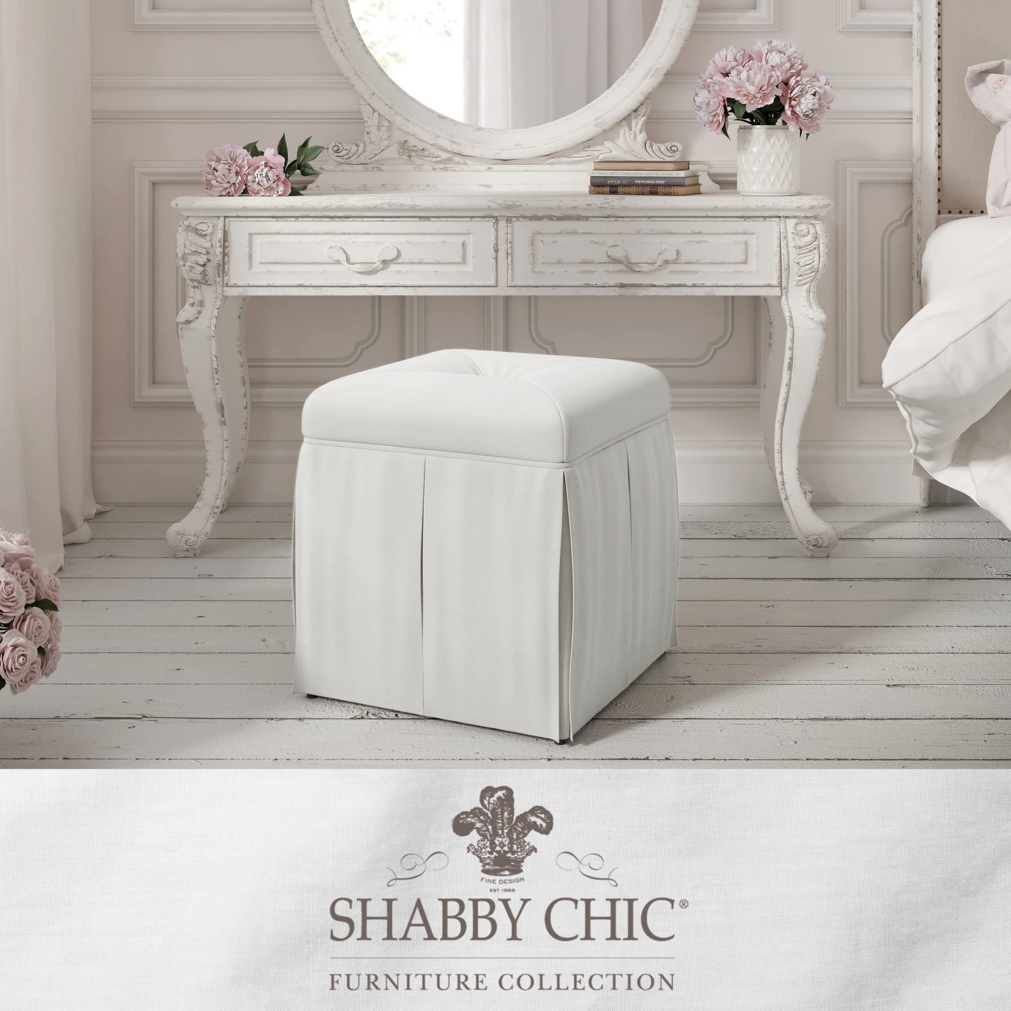 Shabby Chic Paget Linen Slipcover Single Tuft Square Storage Ottoman - Pure White Footrest & Coffee Table Stool for Bedroom, Living Room & Nursery - Multi-Functional Home Decor with Hidden Storage Space