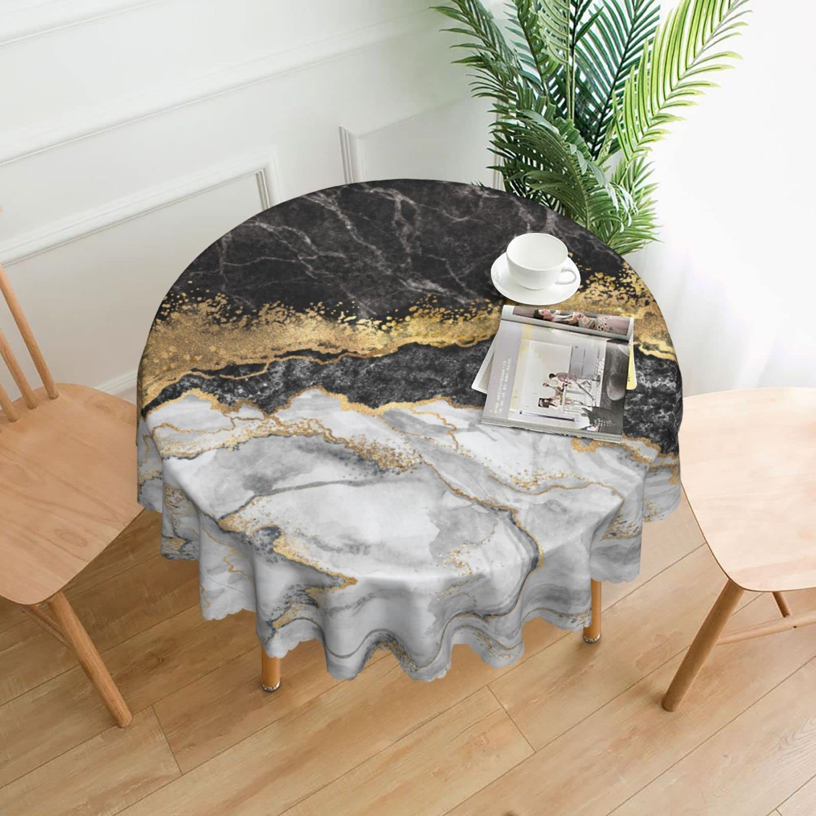 Black Marble Pattern Round Tablecloth - 60 Inch Oil Proof, Spill Proof & Easy Clean Table Cover with Elegant Lace Trim - Perfect for Dining Room, Kitchen, Wedding & Party Decor