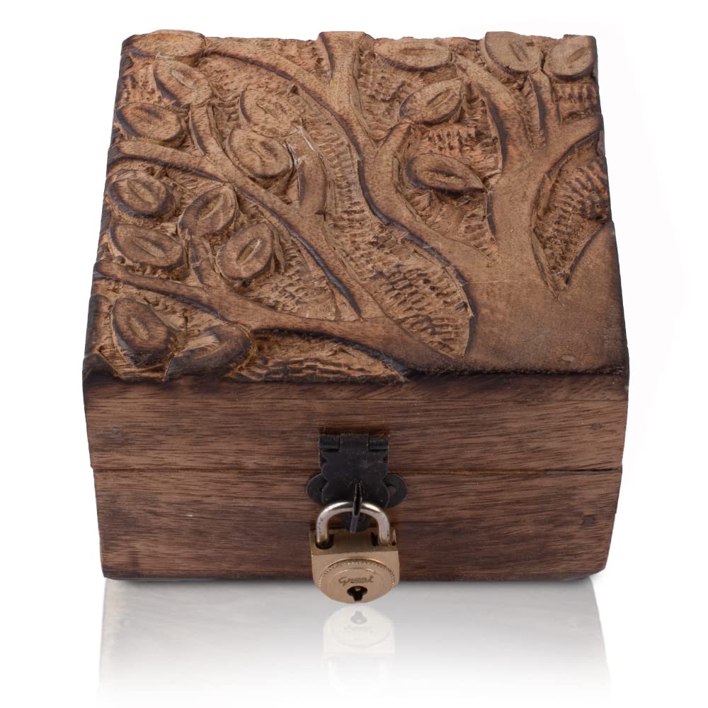 Handmade Wooden Jewelry Box with Tree of Life Carving - Lockable Keepsake Storage Box for Necklaces, Rings & Watches - Perfect Birthday Gift, Anniversary Present & Home Decor Organizer (Brown)